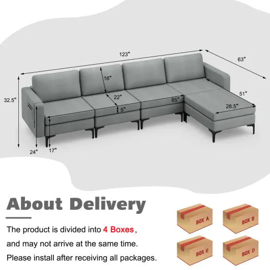 1/2/3/4-Seat Convertible Sectional Sofa with Reversible Ottoman-4-Seat L-shaped with 2 USB Ports