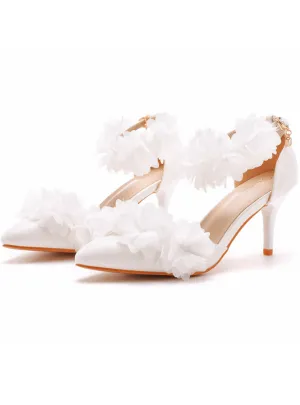 7 cm White Flower High-heeled Pointed Sandals