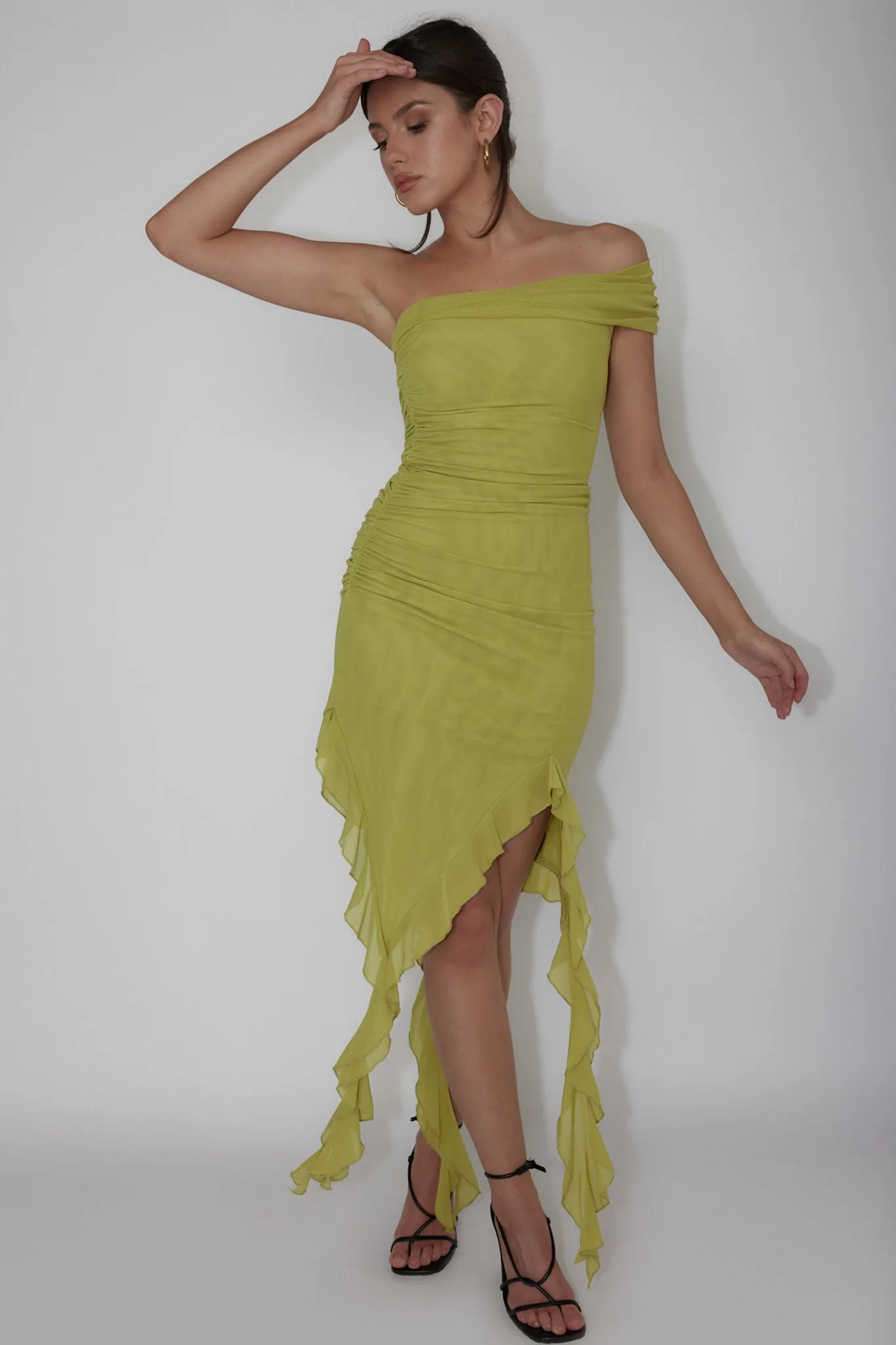 After Party One Sleeve Ruffle Mini Dress Lime