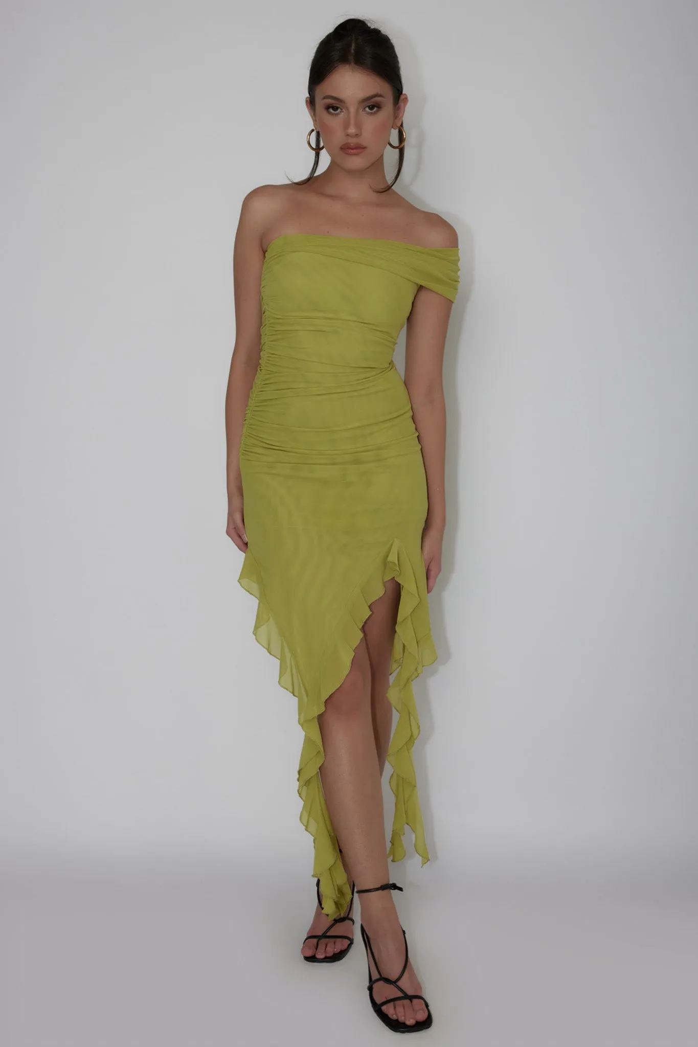 After Party One Sleeve Ruffle Mini Dress Lime