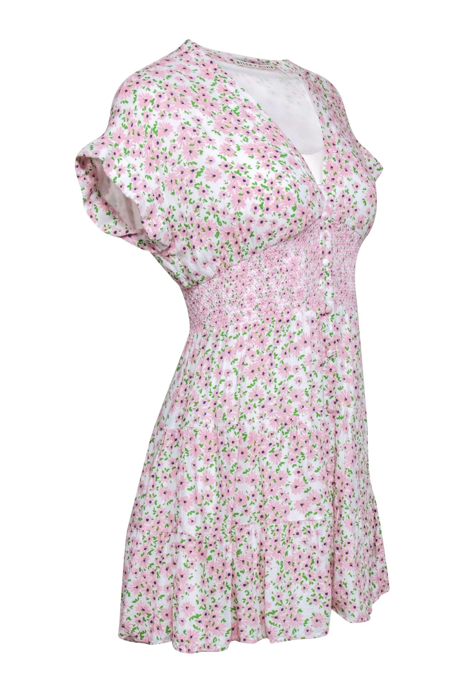 Alice & Olivia - Blush & Green Disty Floral Print Smocked Waistline Fit & Flare Sundress Sz 2