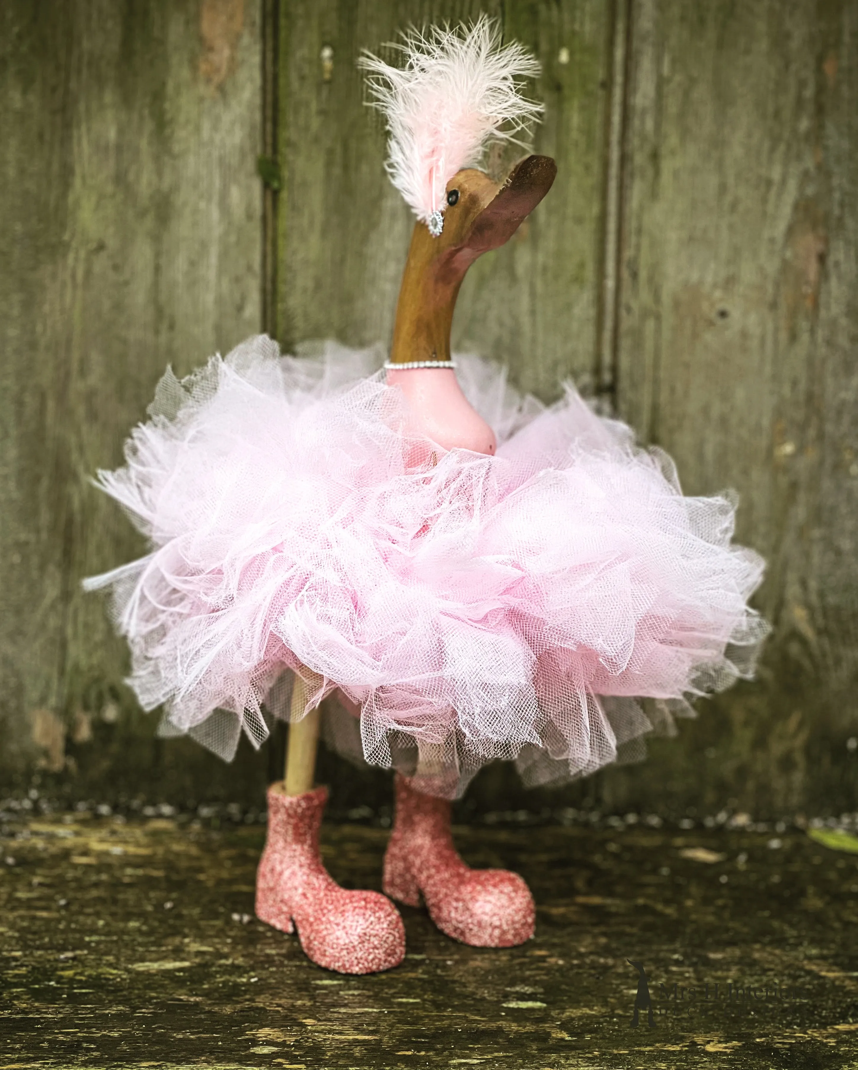 Alice - Pink Tutu and Glitter Decorated Wooden Duck in Boots by Mrs H the Duck Lady