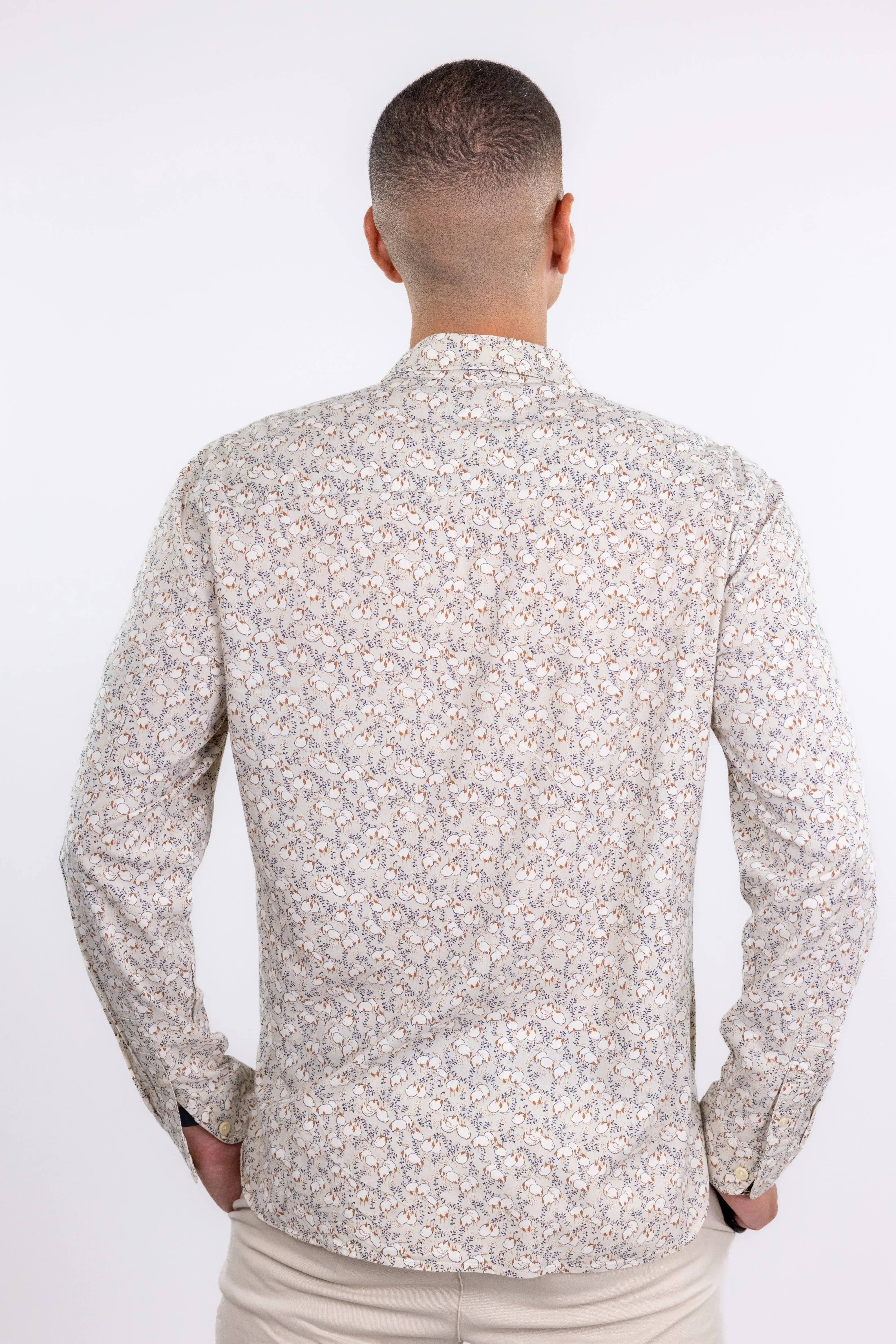 AllSaints Beige Duck Print Long Sleeve Button Up