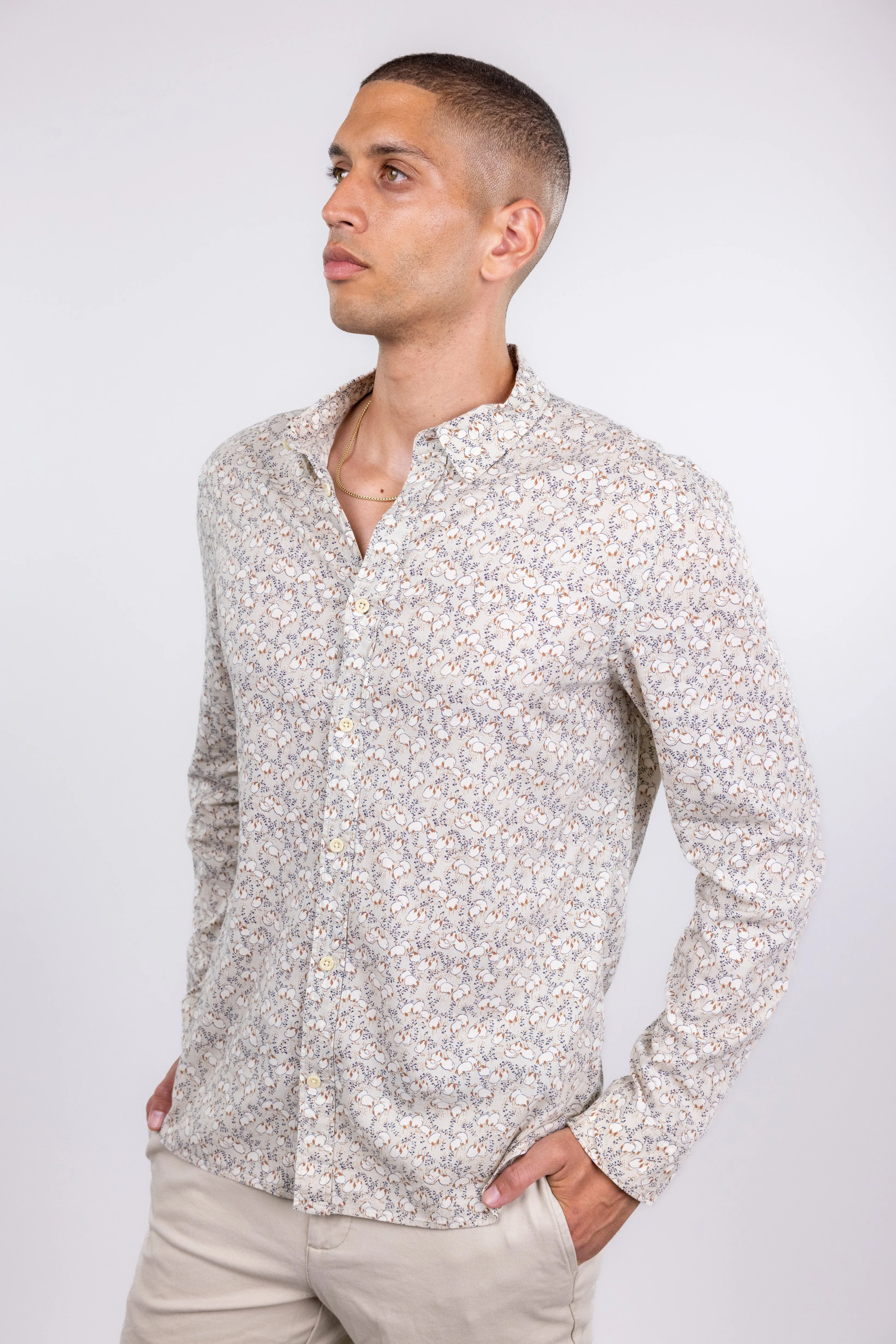 AllSaints Beige Duck Print Long Sleeve Button Up