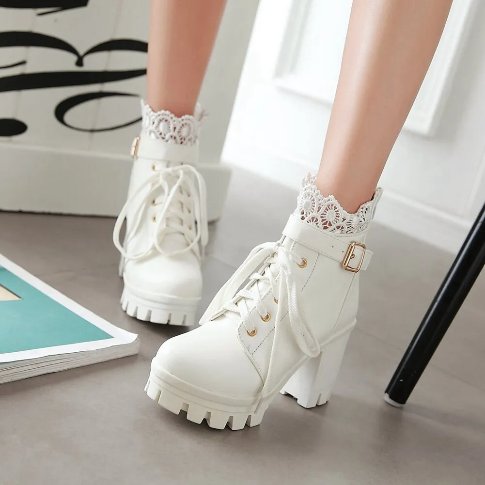 Amozae-- 2024 New Fashion Spring Autumn Ankle Boots Platform High Chunky Heels Big Size 43 Sweet Style Elegant Office Lady Lace Up Boots