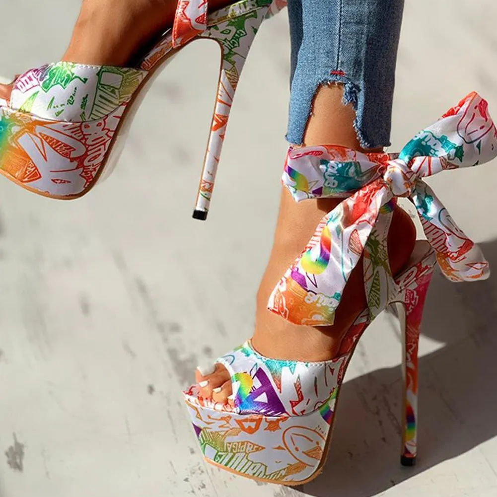 Amozae   shoes Print super thin high heels Shoes sandals women Summer Party platform ankle-wrap Woman sandals female