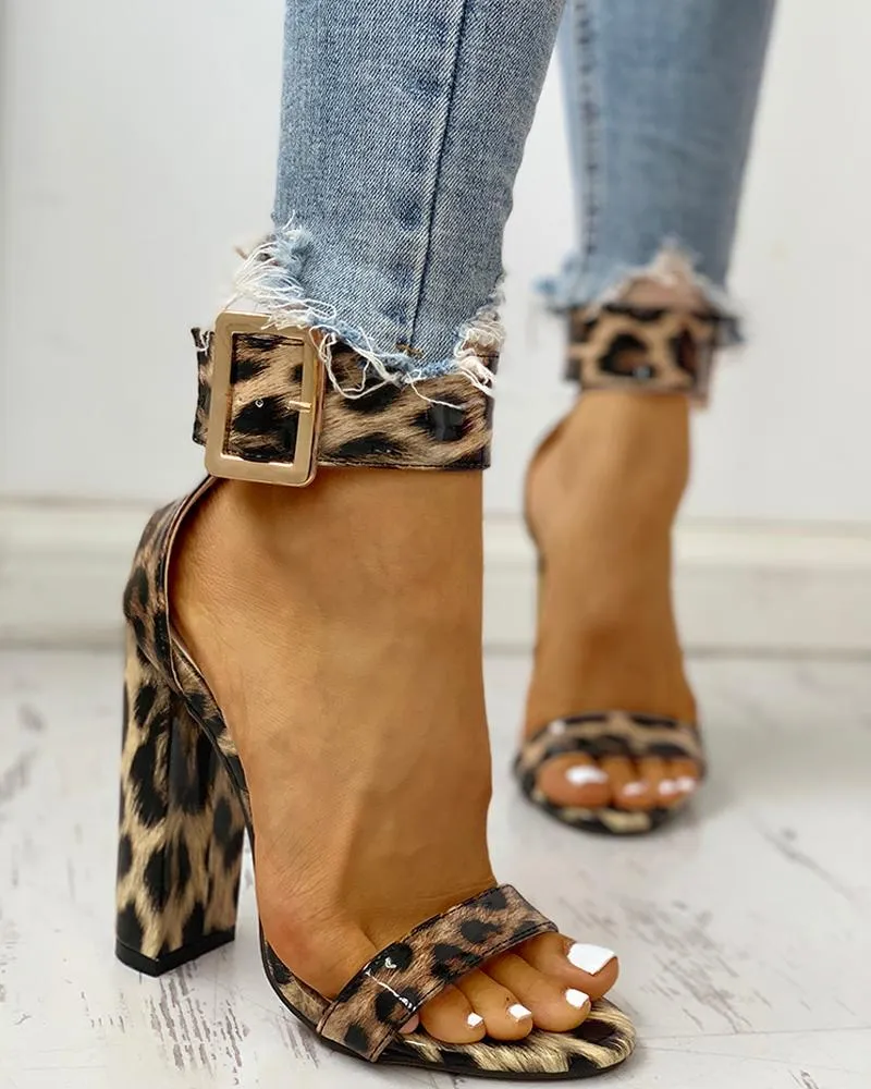 Amozae-Summer Women Shoes Snakeskin Ankle Buckled Sandals Chunky Heeled Sandals Open Toe Leopard Party Shoes