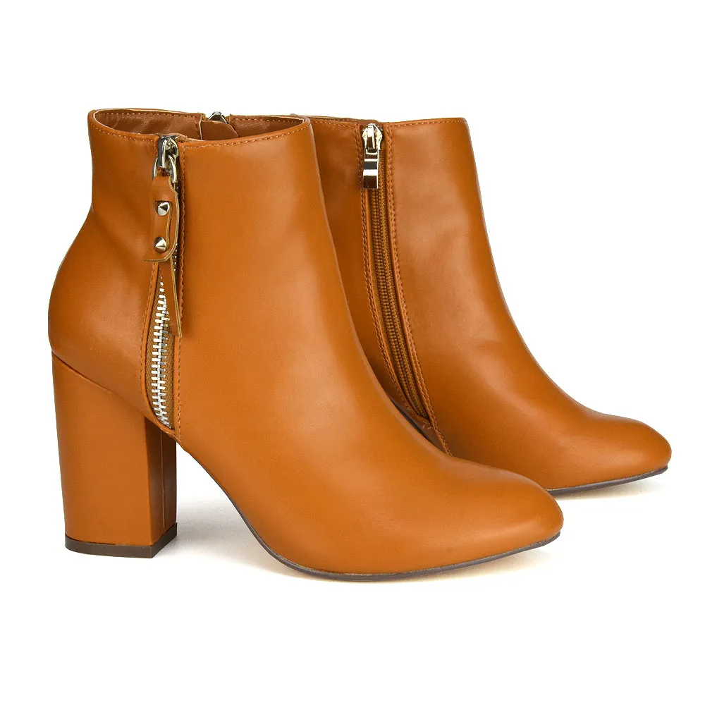 Andrea Pointed Toe Zip Up Statement High Block Heel Ankle Boots In Tan Synthetic Leather