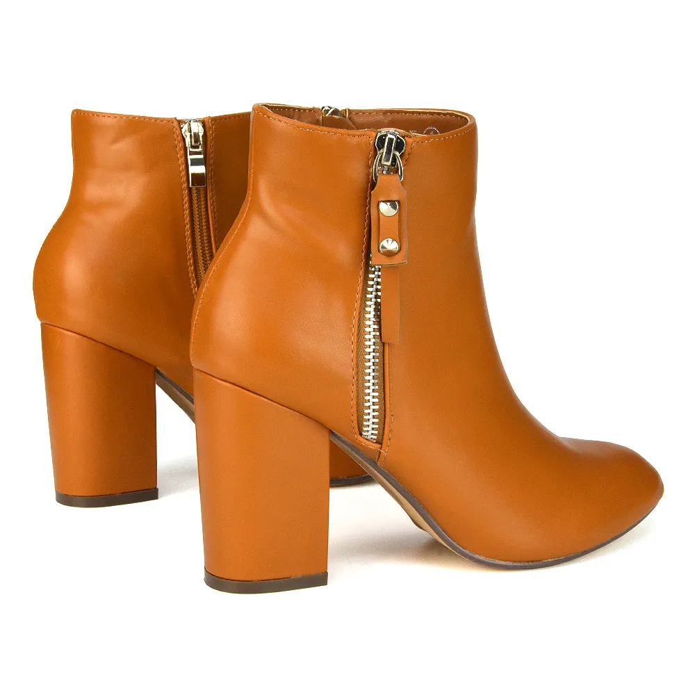 Andrea Pointed Toe Zip Up Statement High Block Heel Ankle Boots In Tan Synthetic Leather