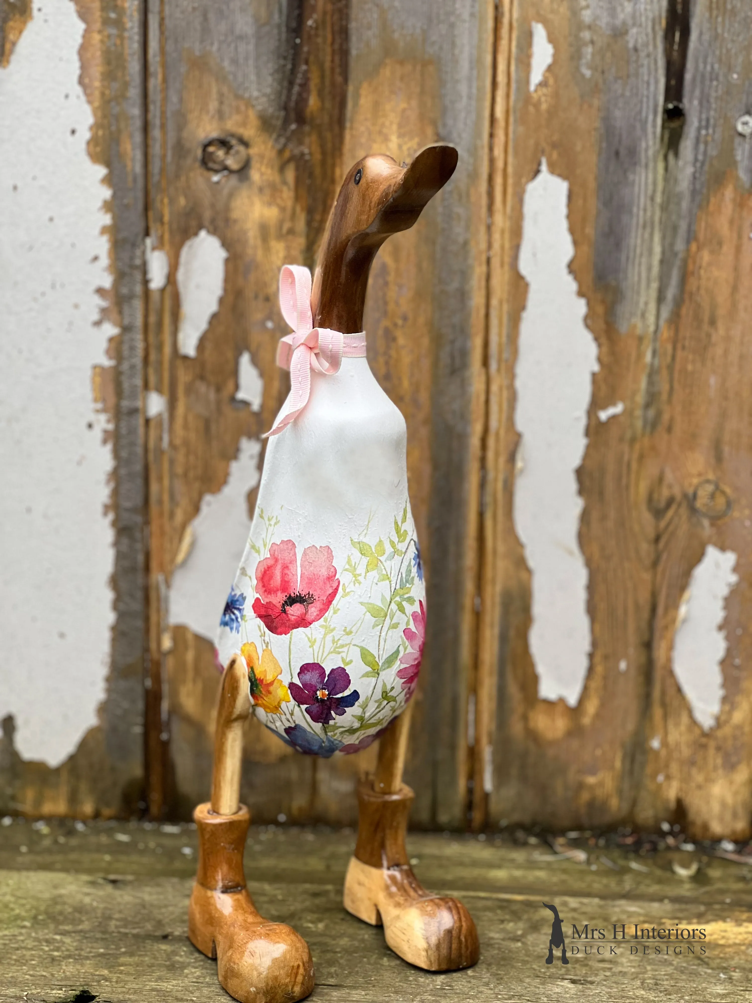 Annie - Poppies and Flowers Personalised Decorated Wooden Duck in Boots by Mrs H the Duck Lady