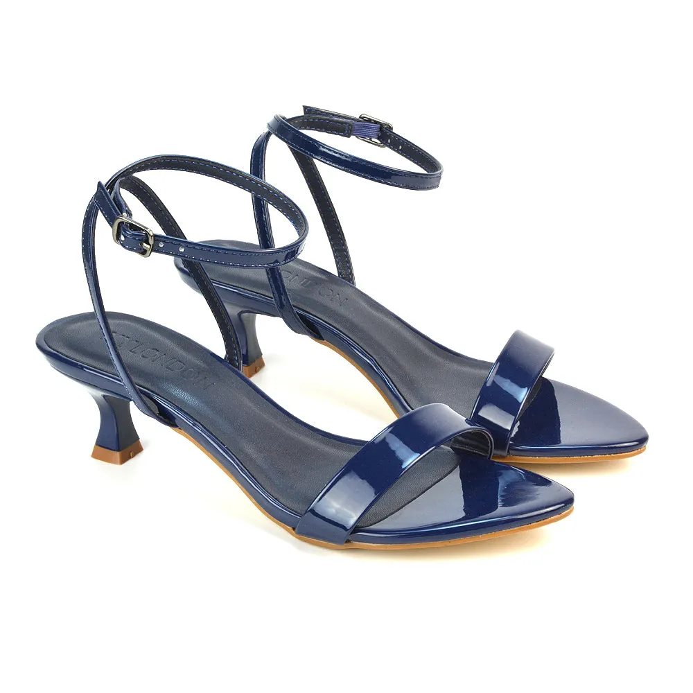 Antonia Strappy Party Kitten Low Heel Sandals in Navy Patent