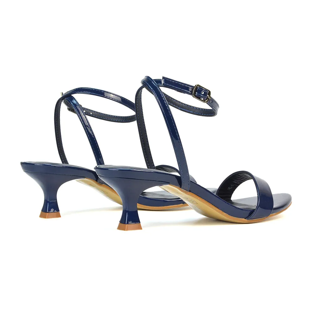 Antonia Strappy Party Kitten Low Heel Sandals in Navy Patent