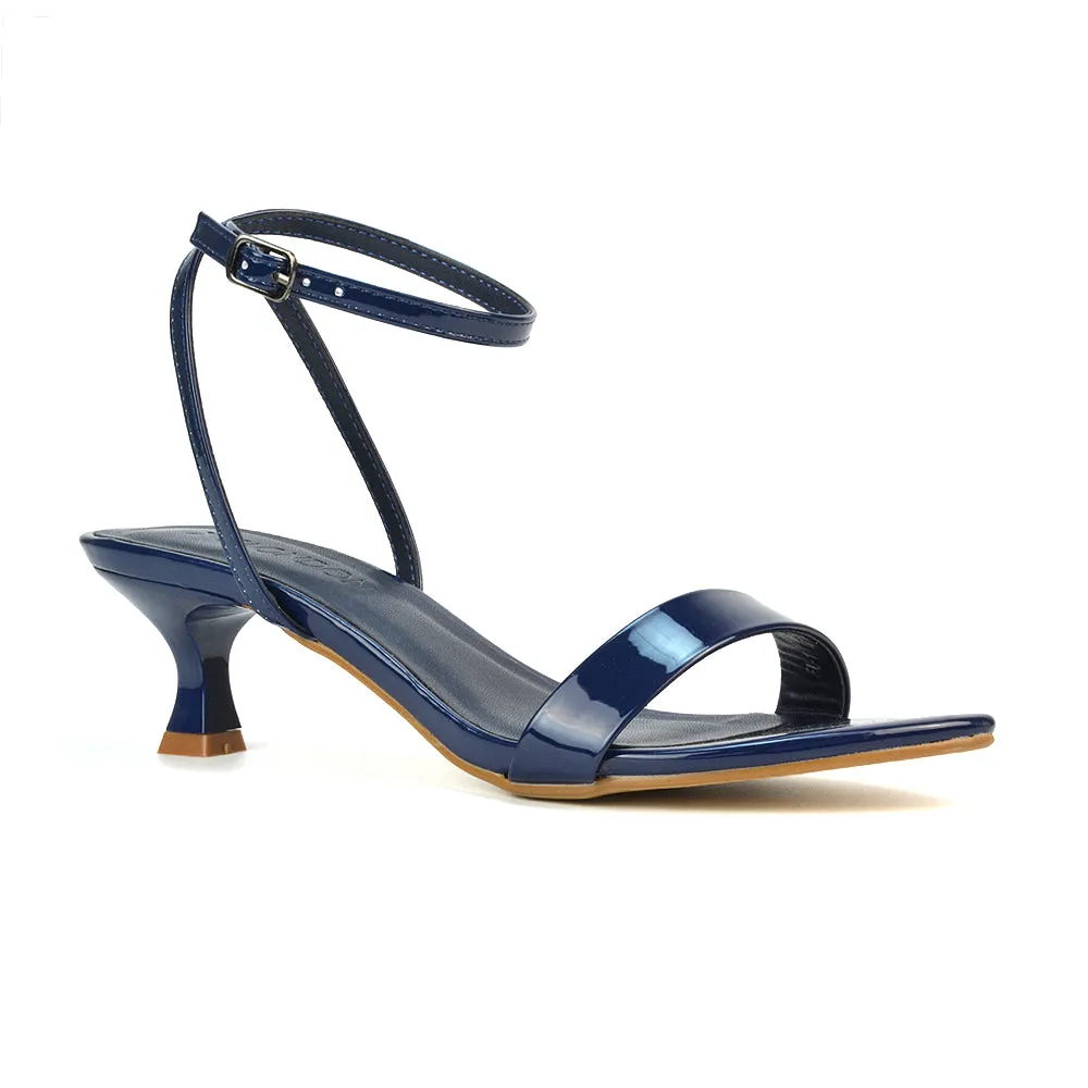 Antonia Strappy Party Kitten Low Heel Sandals in Navy Patent