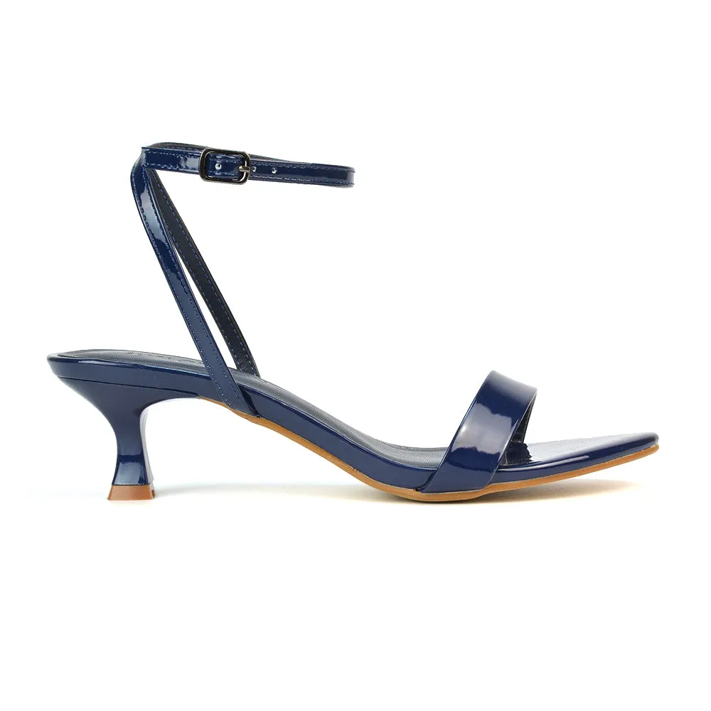 Antonia Strappy Party Kitten Low Heel Sandals in Navy Patent