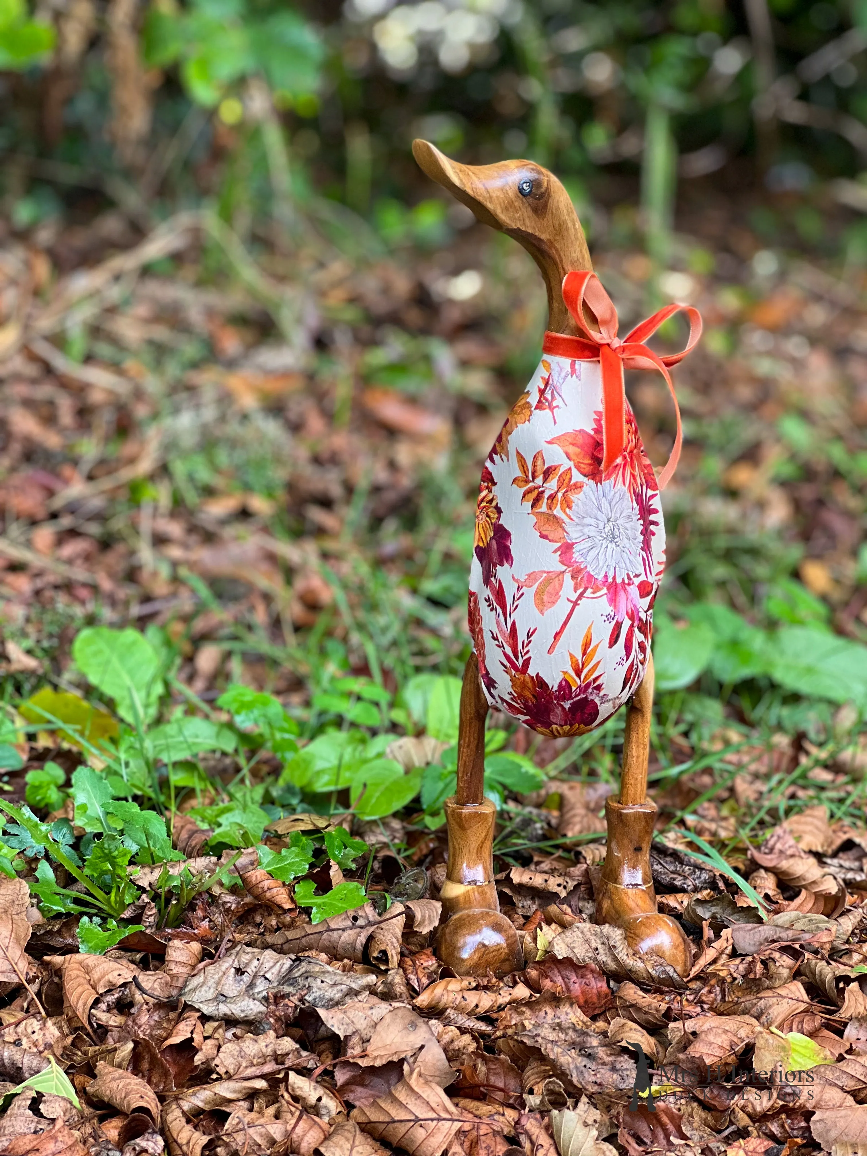 Audrey The Autumnal Dahlia Duck - Decorated Wooden Duck in Boots by Mrs H the Duck Lady