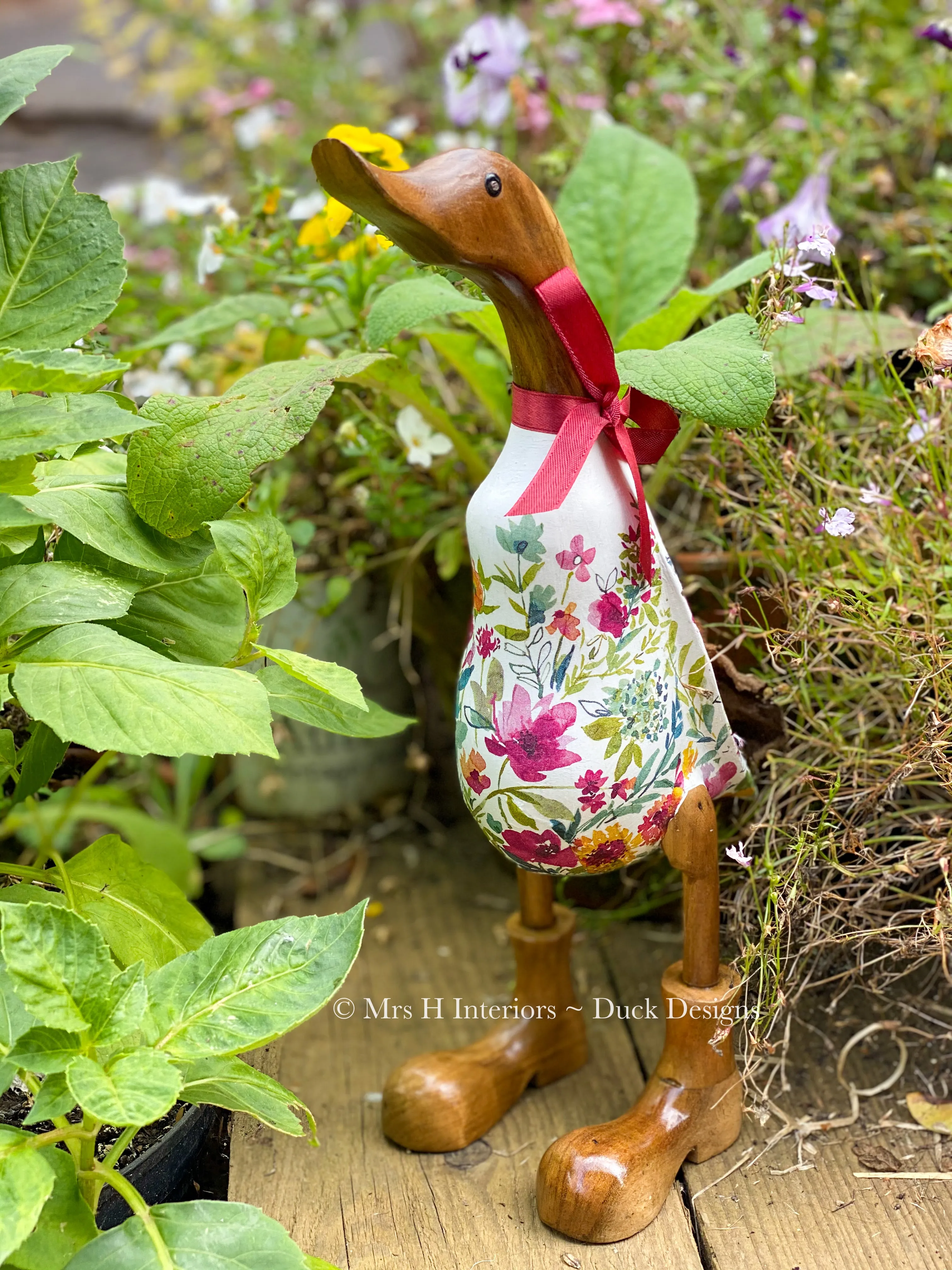 Autumn Flower - Decorated Wooden Duck in Boots by Mrs H the Duck Lady