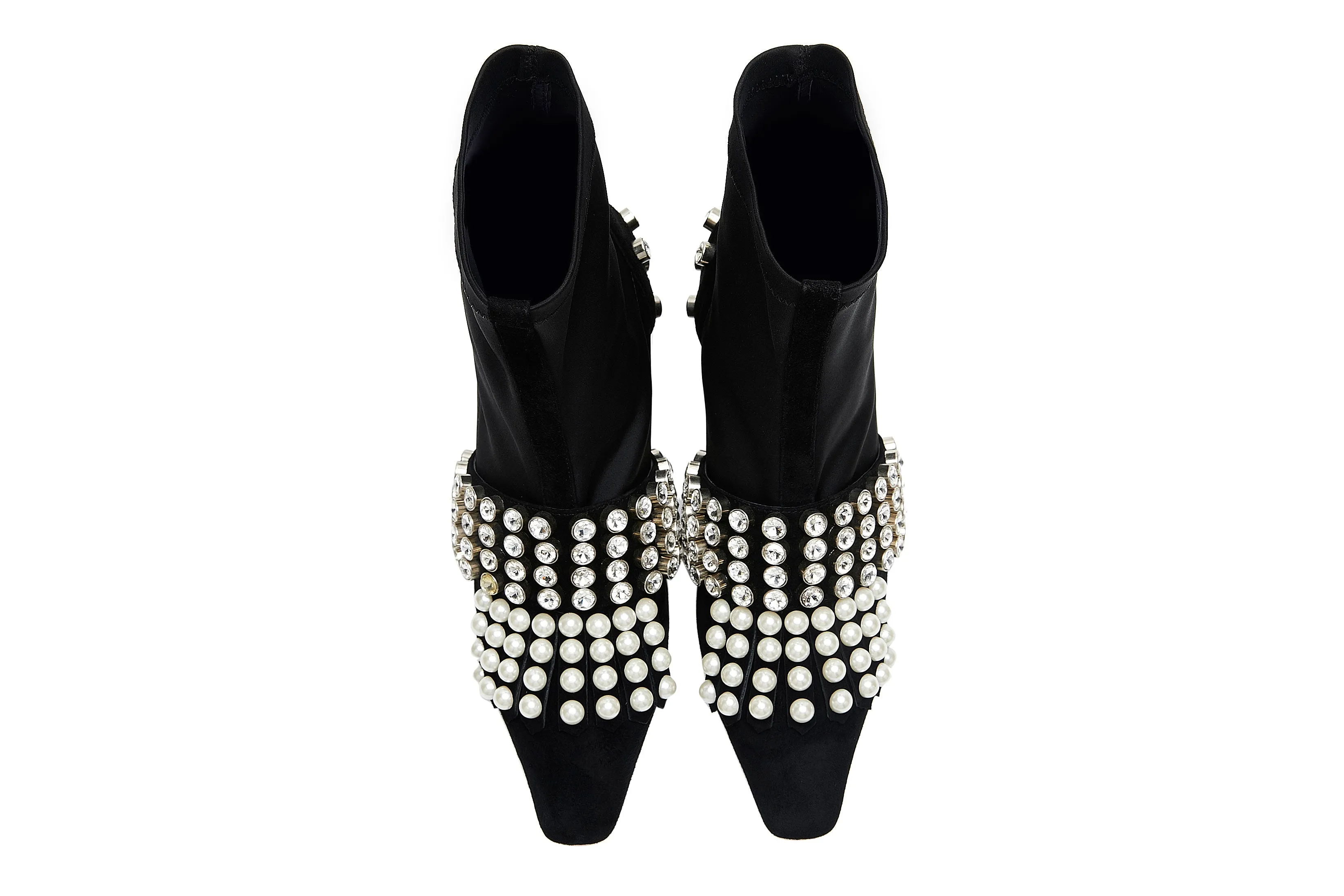 B-FEI  diamond rhinestone pearl short thick square heel elastic boots- Olia