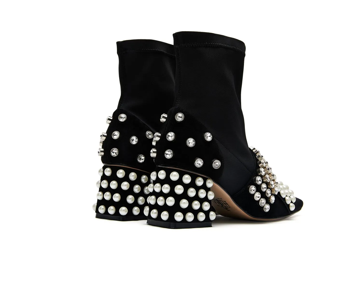 B-FEI  diamond rhinestone pearl short thick square heel elastic boots- Olia