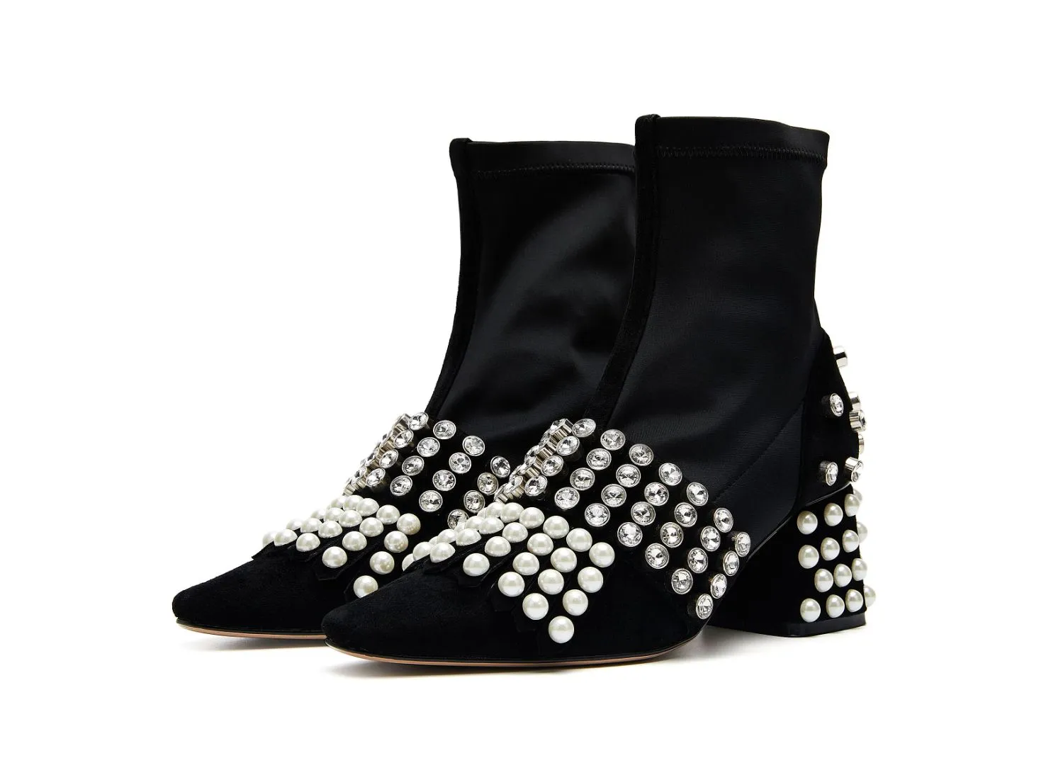 B-FEI  diamond rhinestone pearl short thick square heel elastic boots- Olia