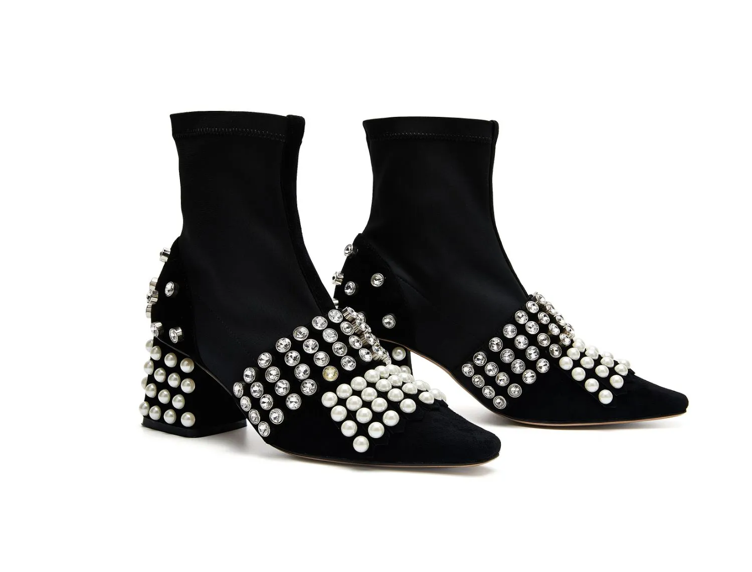 B-FEI  diamond rhinestone pearl short thick square heel elastic boots- Olia