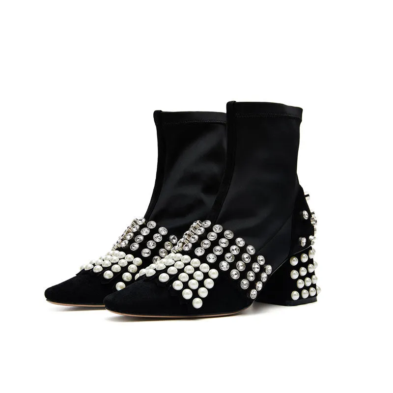 B-FEI  diamond rhinestone pearl short thick square heel elastic boots- Olia