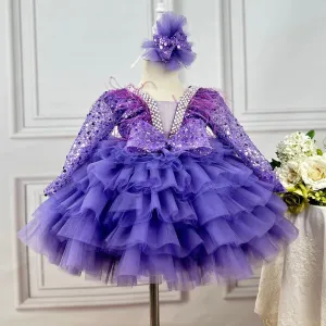 Baby Birthday Dress 1-12 Years Old Girls V-Neck Sequin Feather Princess Dress