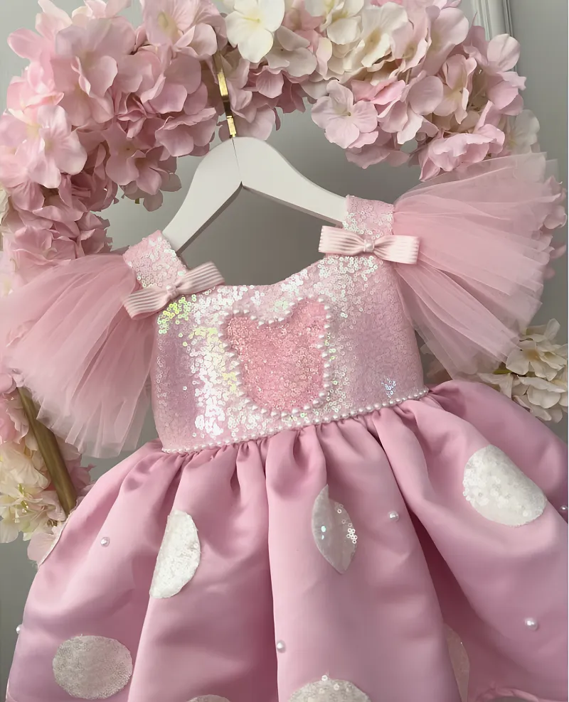 Baby Birthday Dress Girls Bow Pearl Sweet Puff Dress