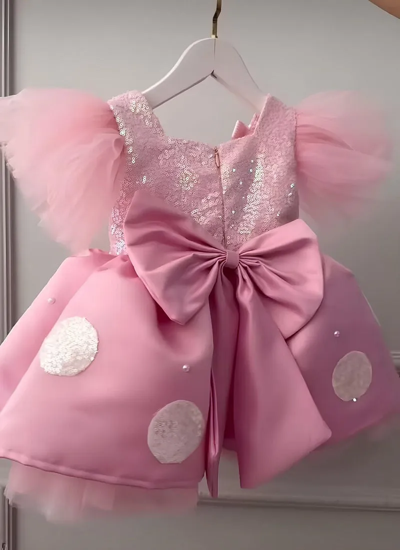 Baby Birthday Dress Girls Bow Pearl Sweet Puff Dress