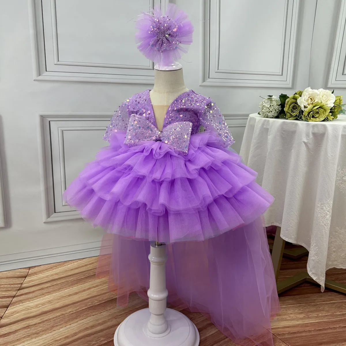 Baby Birthday Dress Girls Tail Princess Dress Fashion V Neck Short Sleeve Cake Dress