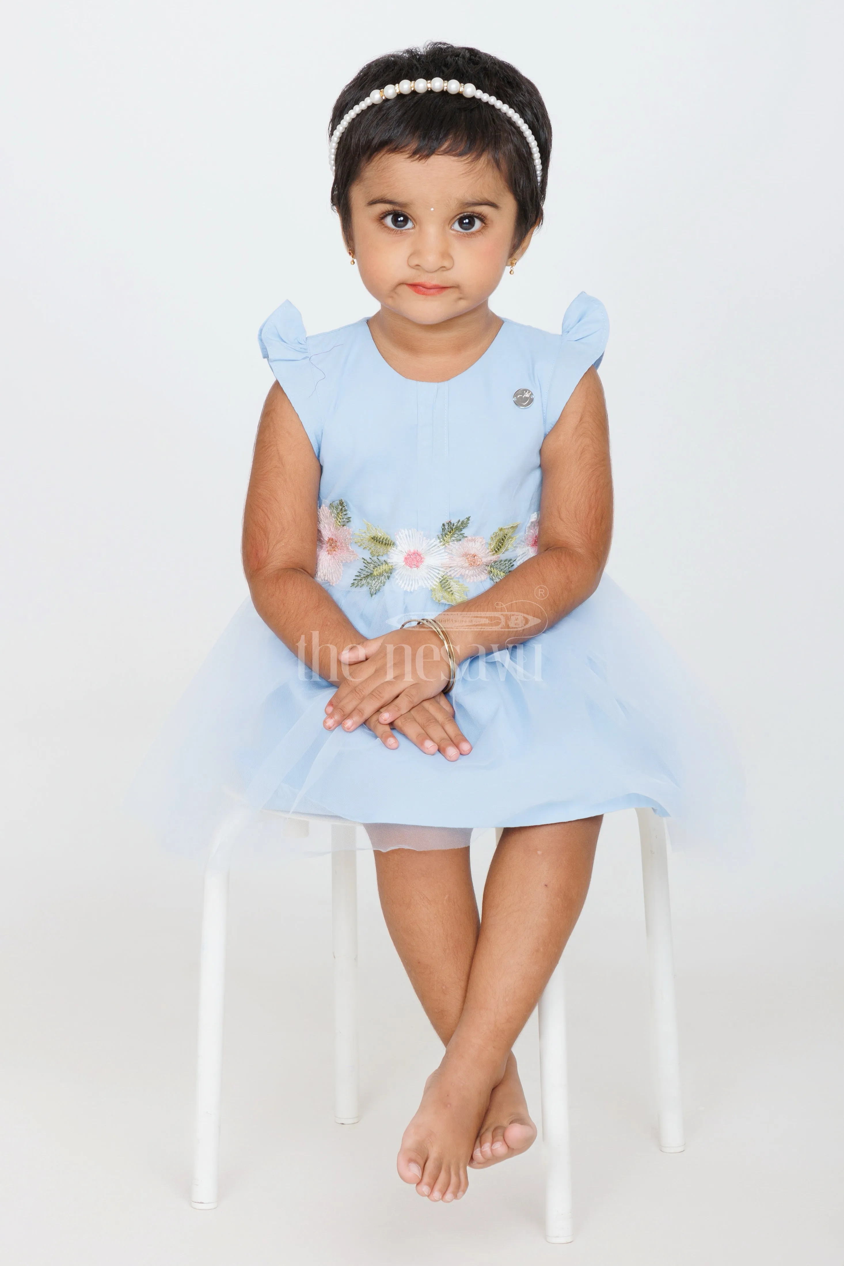 Baby Girls Blue Party Frock with Floral Embroidery and Tulle Overlay for Special Occasions