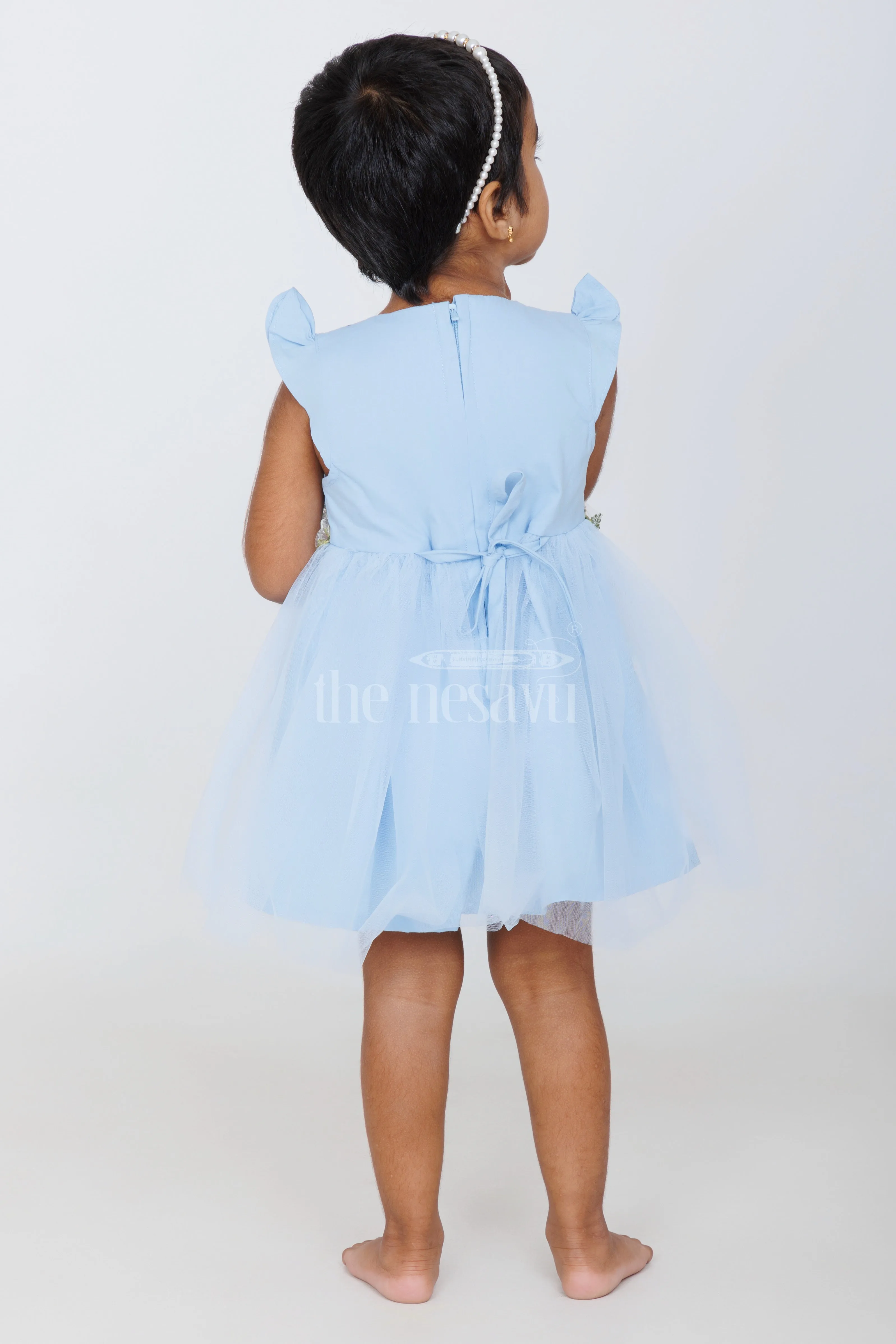 Baby Girls Blue Party Frock with Floral Embroidery and Tulle Overlay for Special Occasions