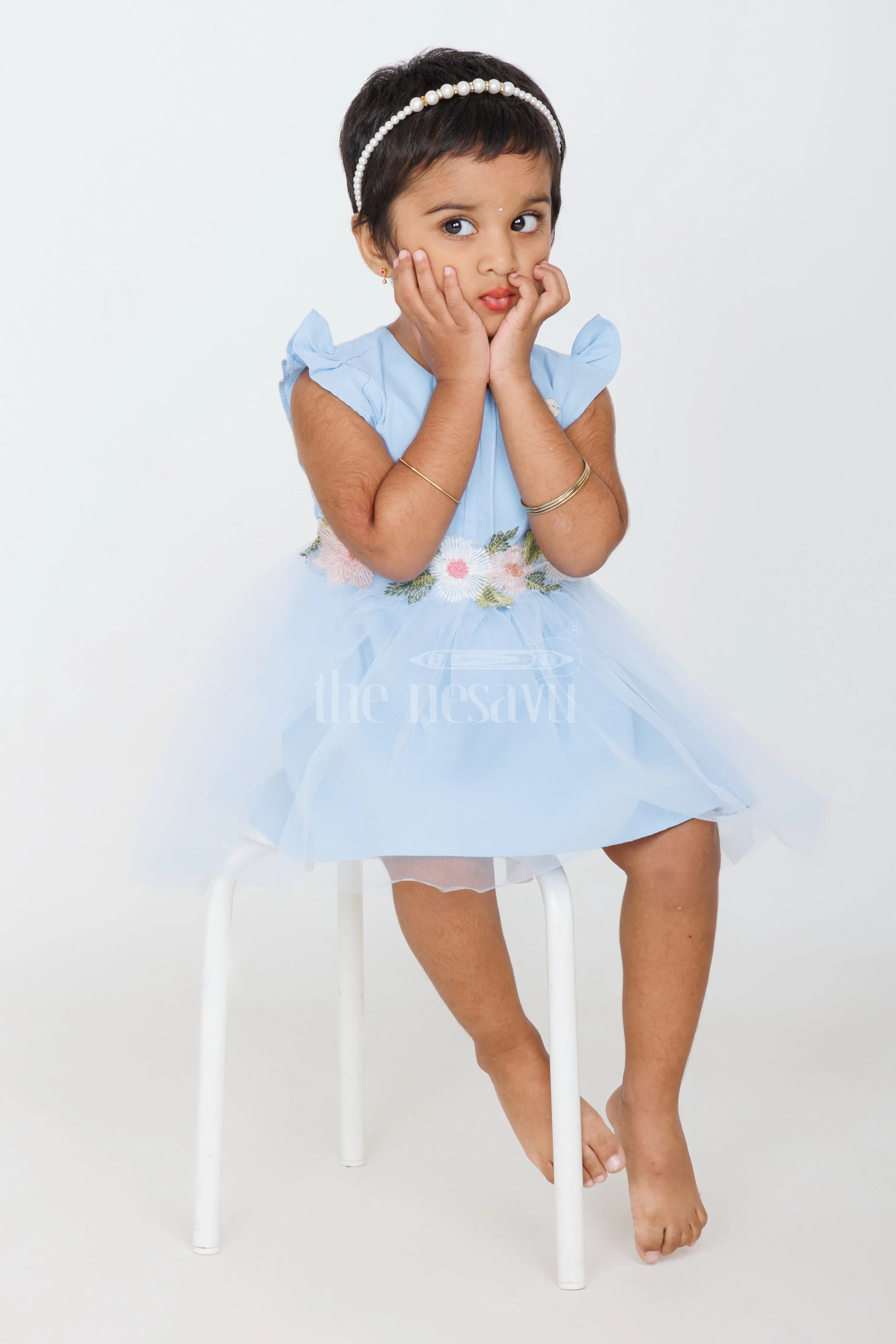 Baby Girls Blue Party Frock with Floral Embroidery and Tulle Overlay for Special Occasions