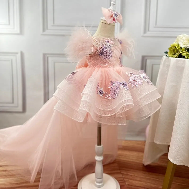 Baby tail princess dress girls fashion little flying sleeve embroidered princess dress