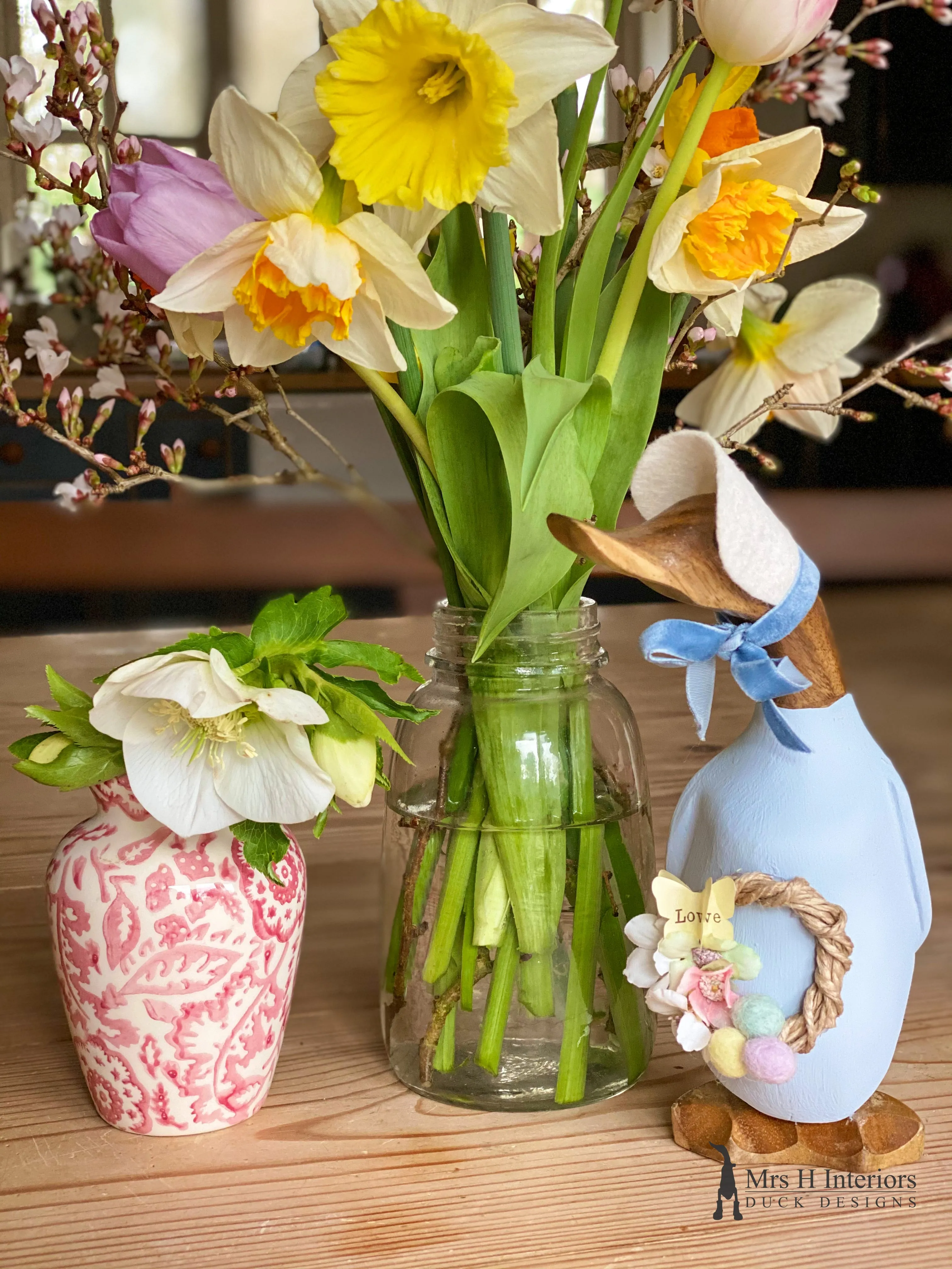 Bea, the Easter Bonnet Duck - Decorated Wooden Duck in Boots by Mrs H the Duck Lady