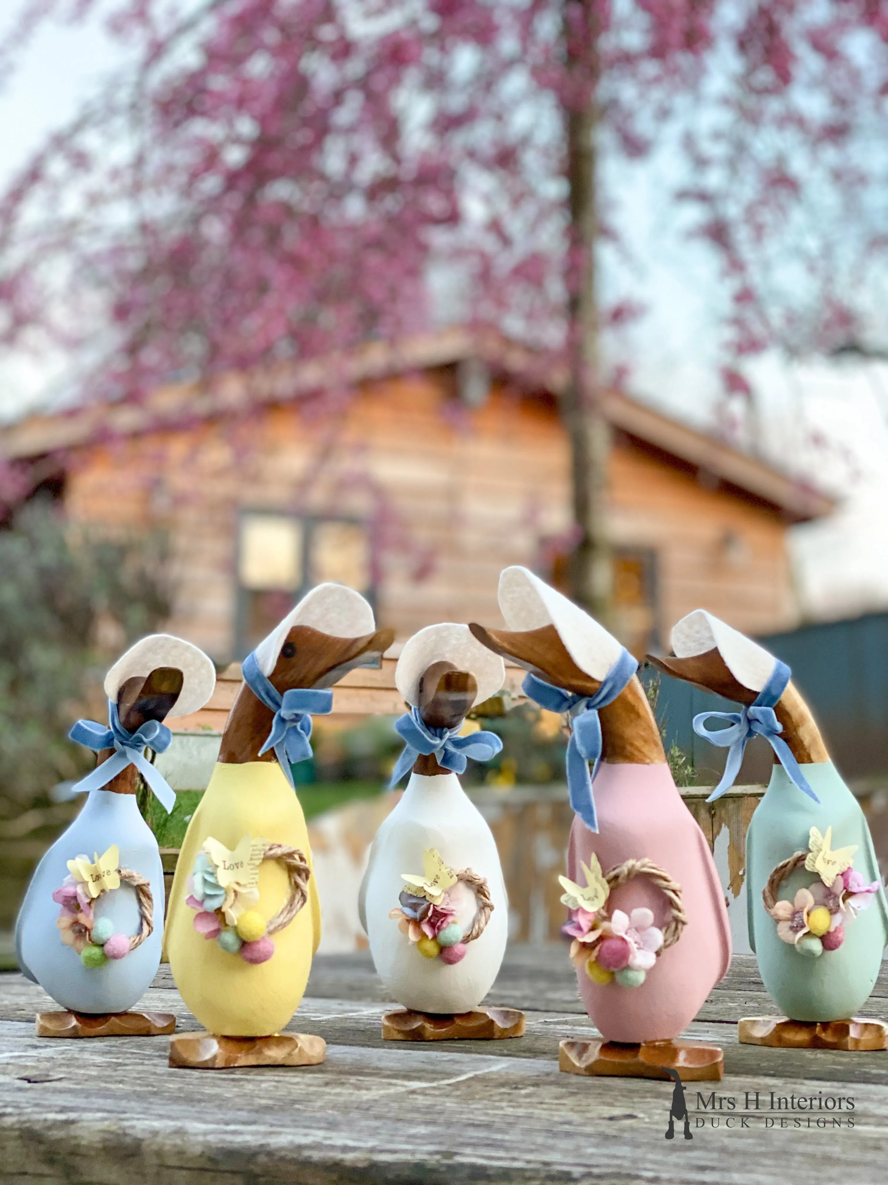 Bea, the Easter Bonnet Duck - Decorated Wooden Duck in Boots by Mrs H the Duck Lady