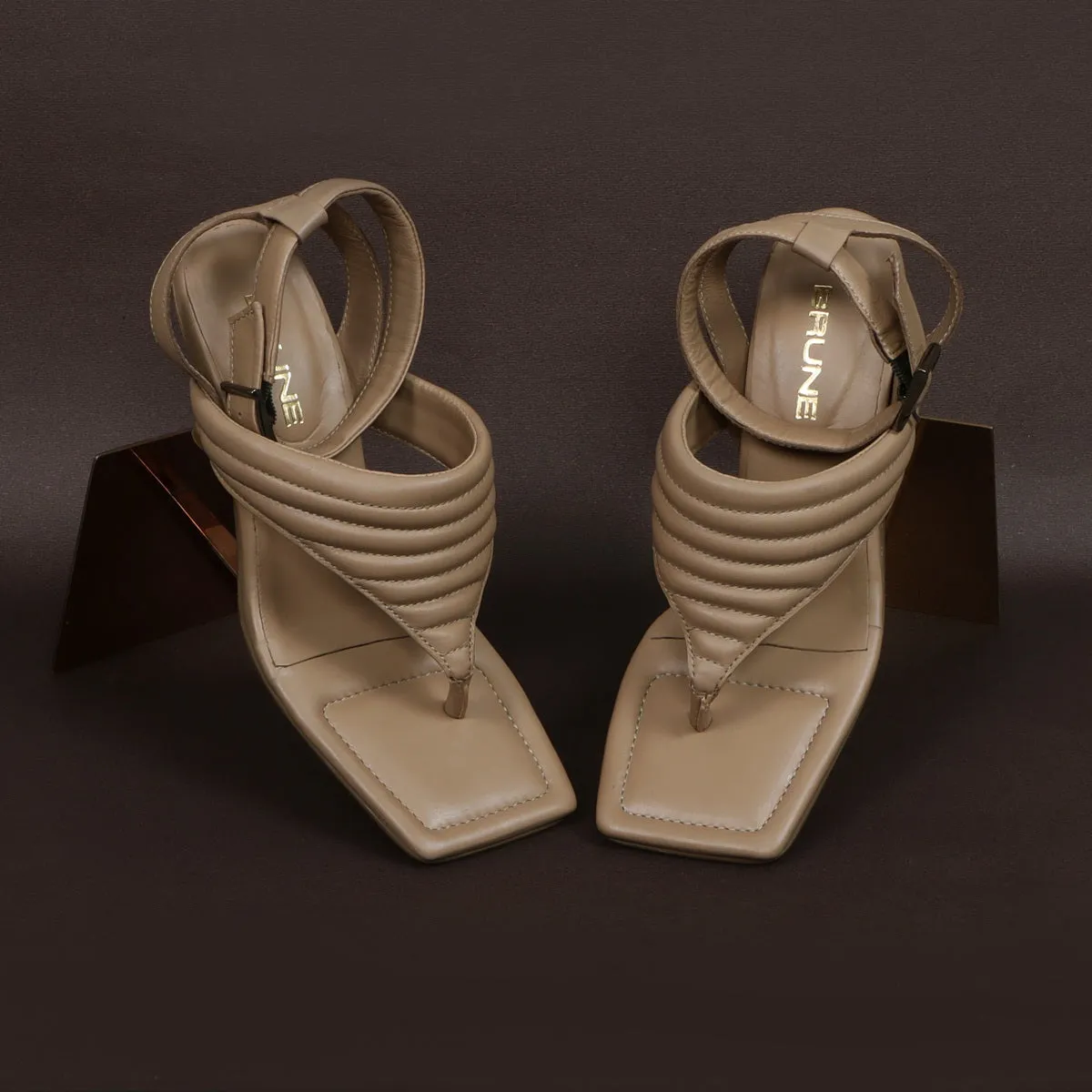 Beige Flip-Flop Puffed Buckle Strap Kitten Heel