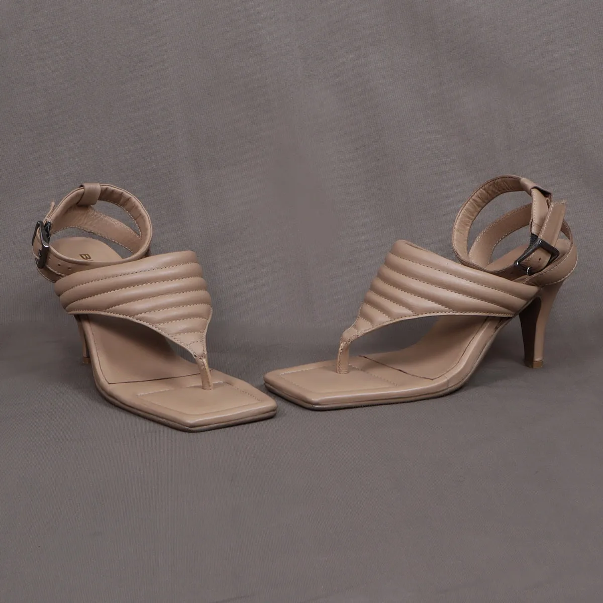 Beige Flip-Flop Puffed Buckle Strap Kitten Heel