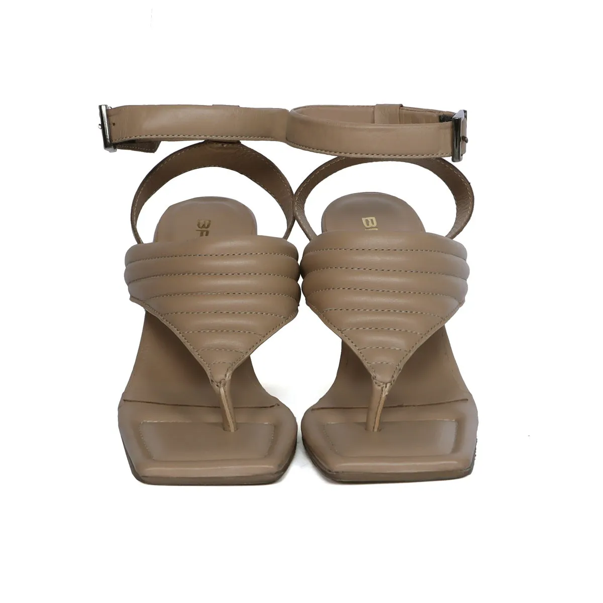 Beige Flip-Flop Puffed Buckle Strap Kitten Heel