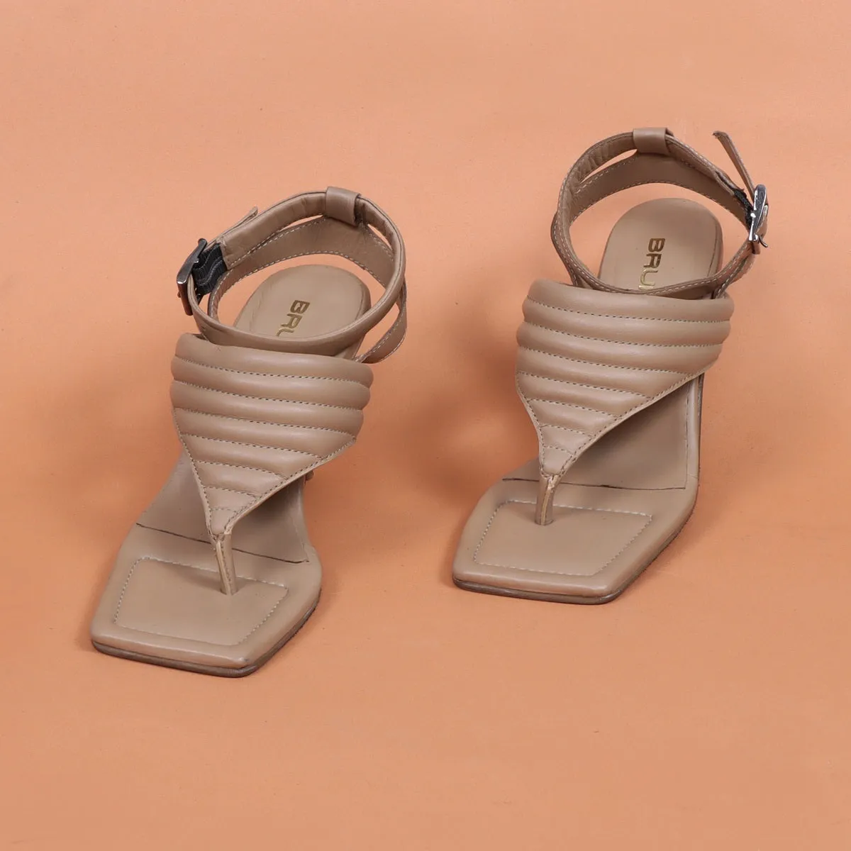 Beige Flip-Flop Puffed Buckle Strap Kitten Heel