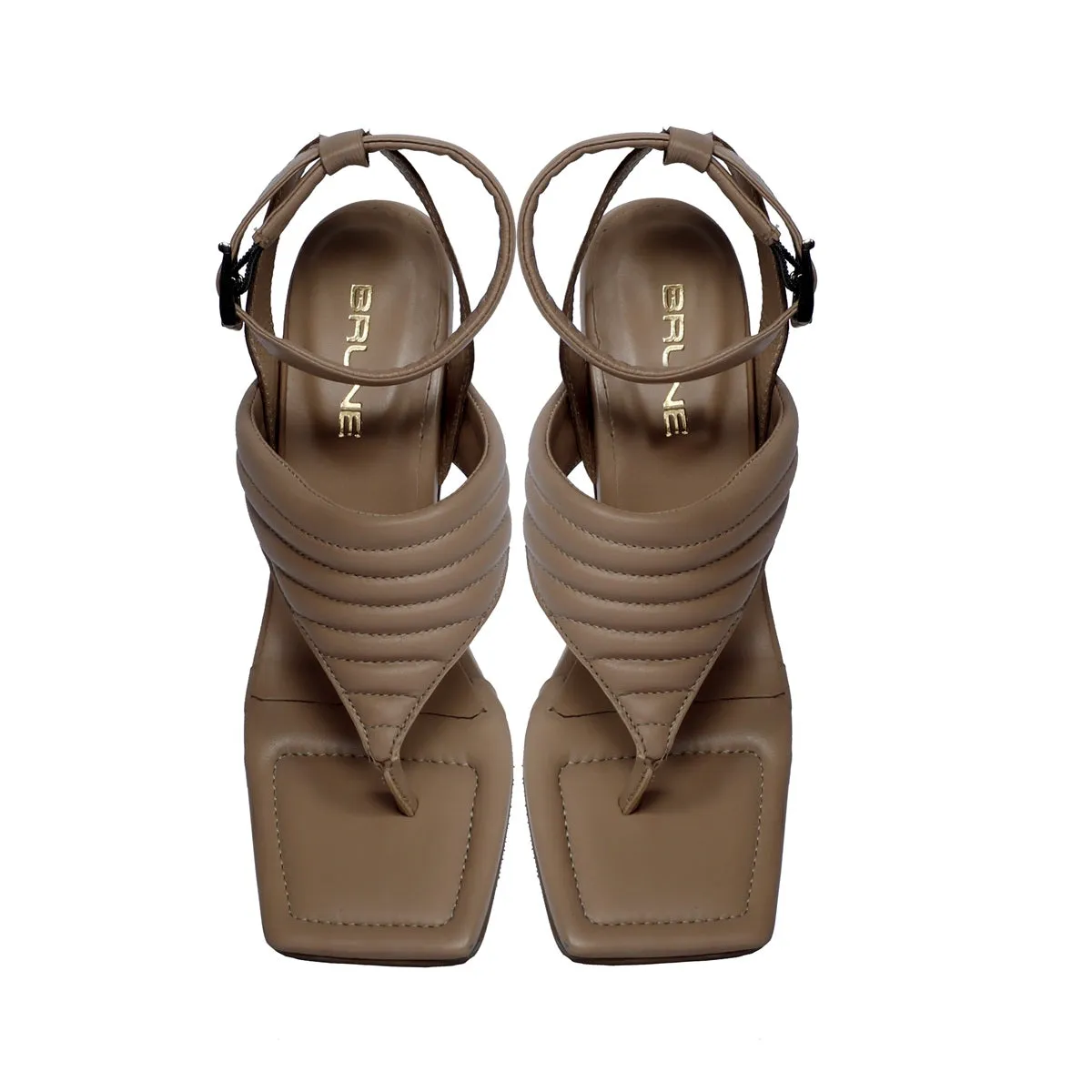 Beige Flip-Flop Puffed Buckle Strap Kitten Heel