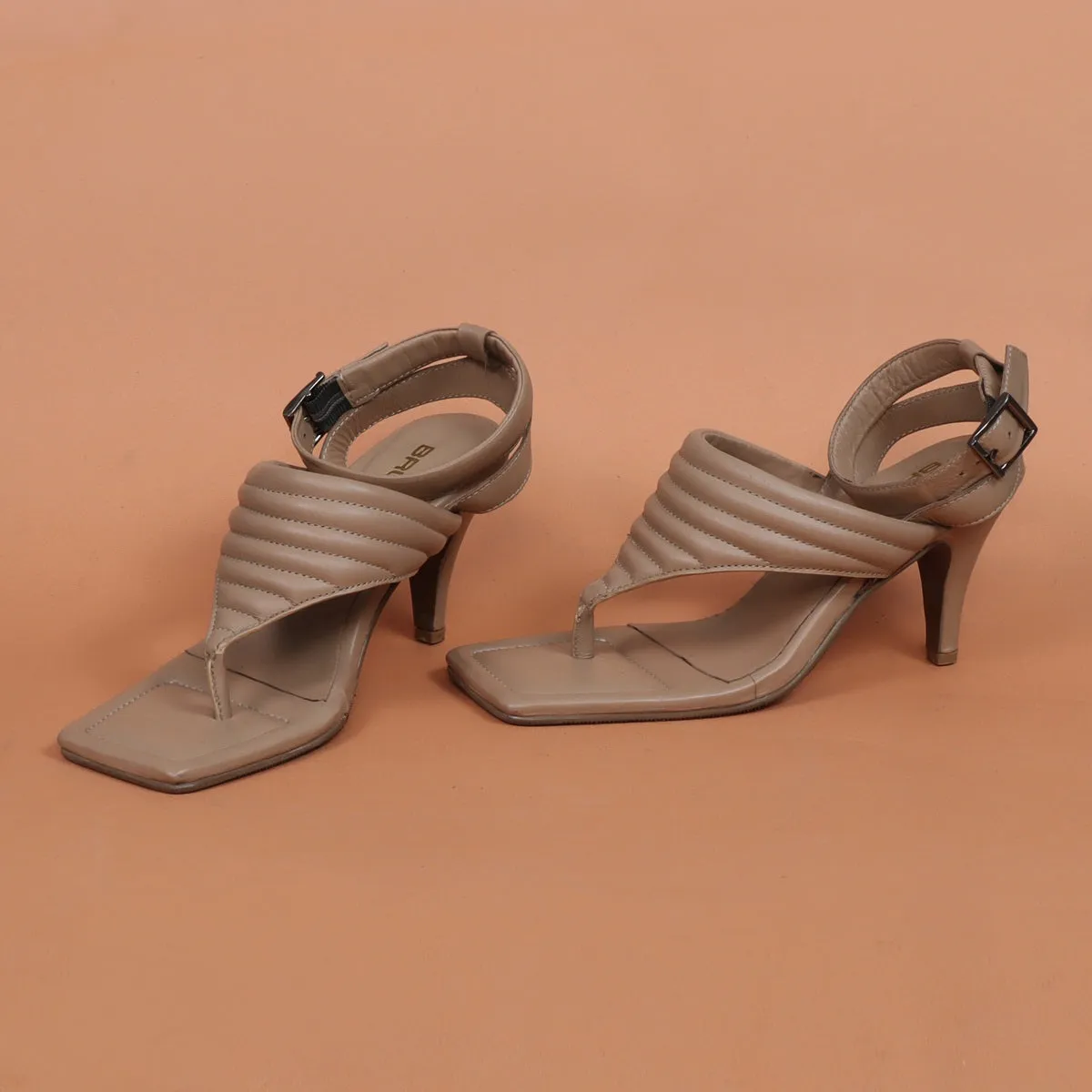 Beige Kitten Heel sandal with Flip-Flop Puffed Buckle Strap