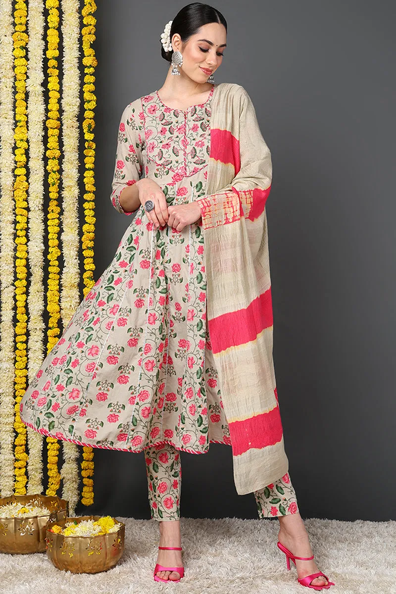 Beige Pure Cotton Floral Yoke Design Flared Suit Set