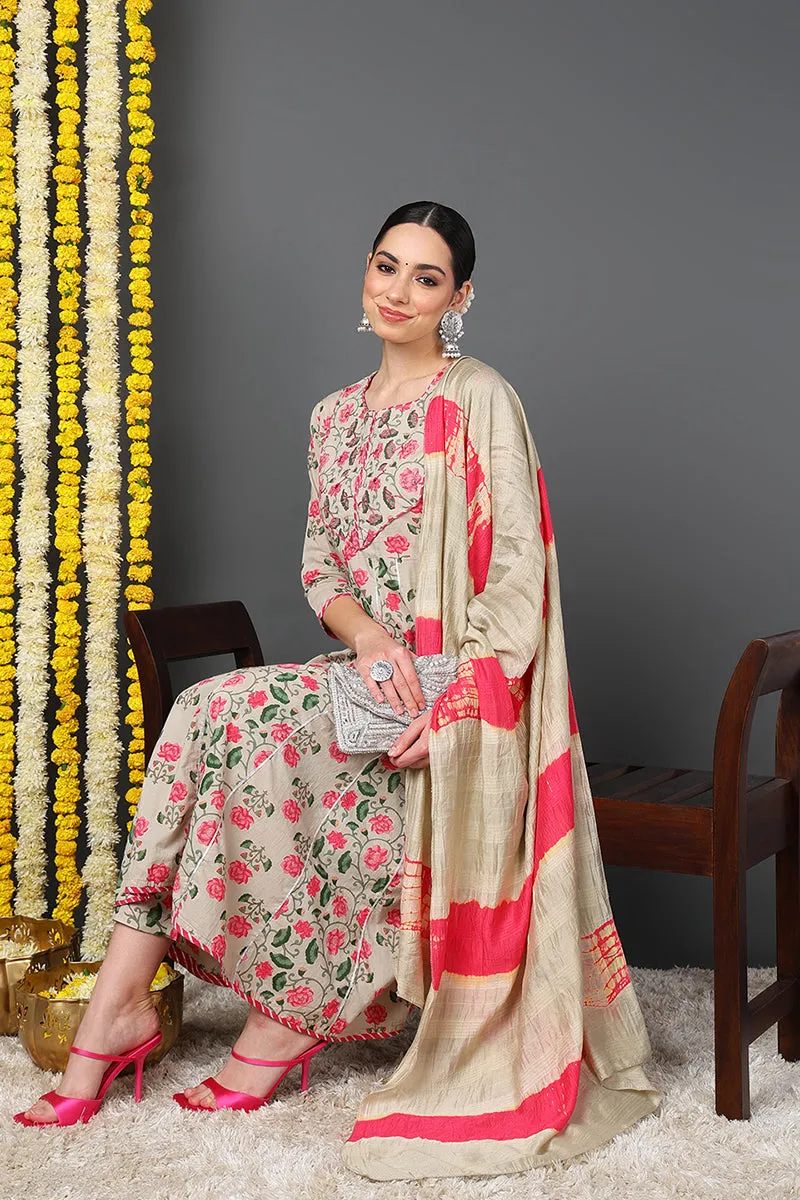 Beige Pure Cotton Floral Yoke Design Flared Suit Set