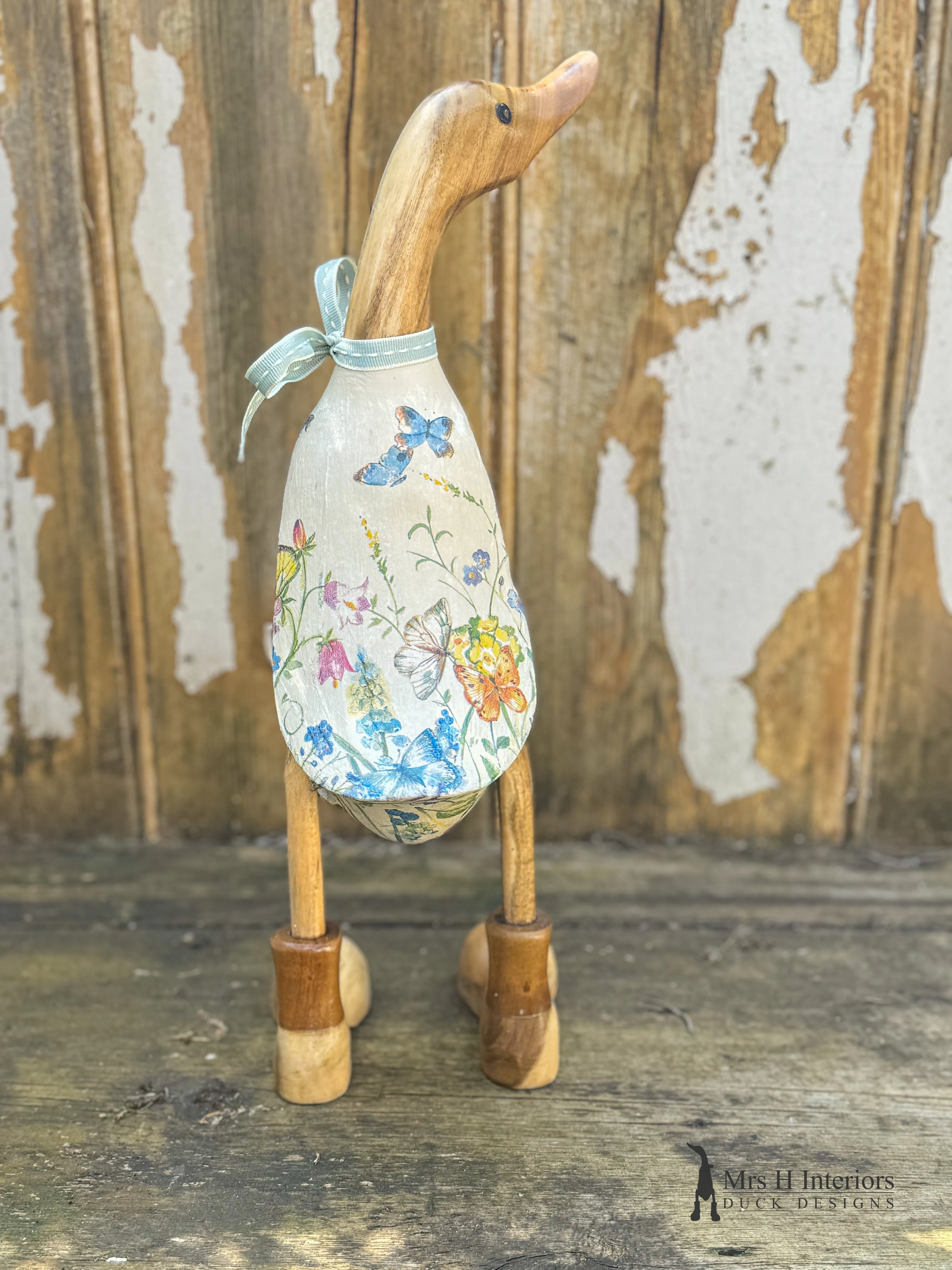 Bella the butterfly & summer flowers decorated Wooden Duck in Boots by Mrs H the Duck Lady