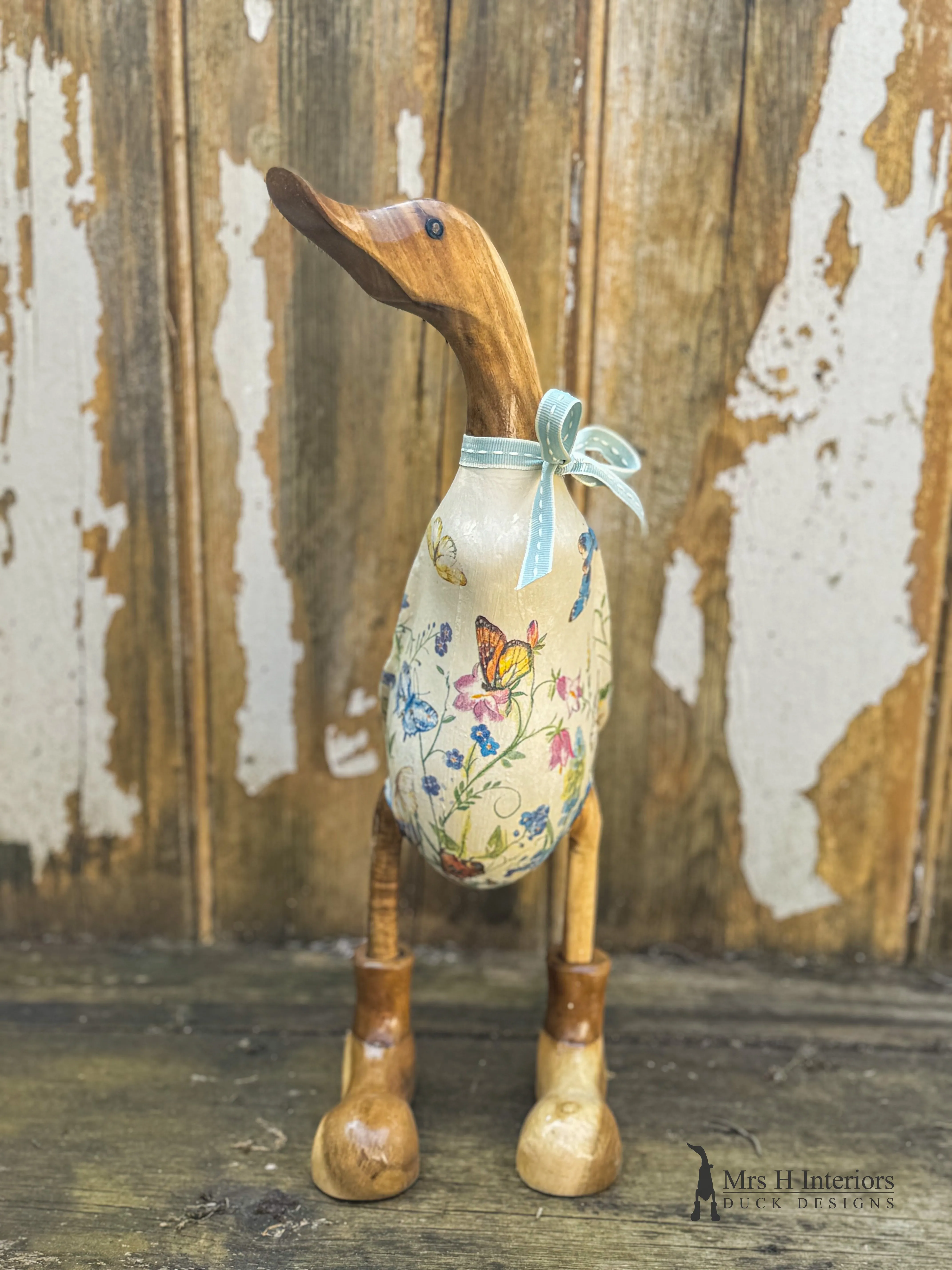 Bella the butterfly & summer flowers decorated Wooden Duck in Boots by Mrs H the Duck Lady