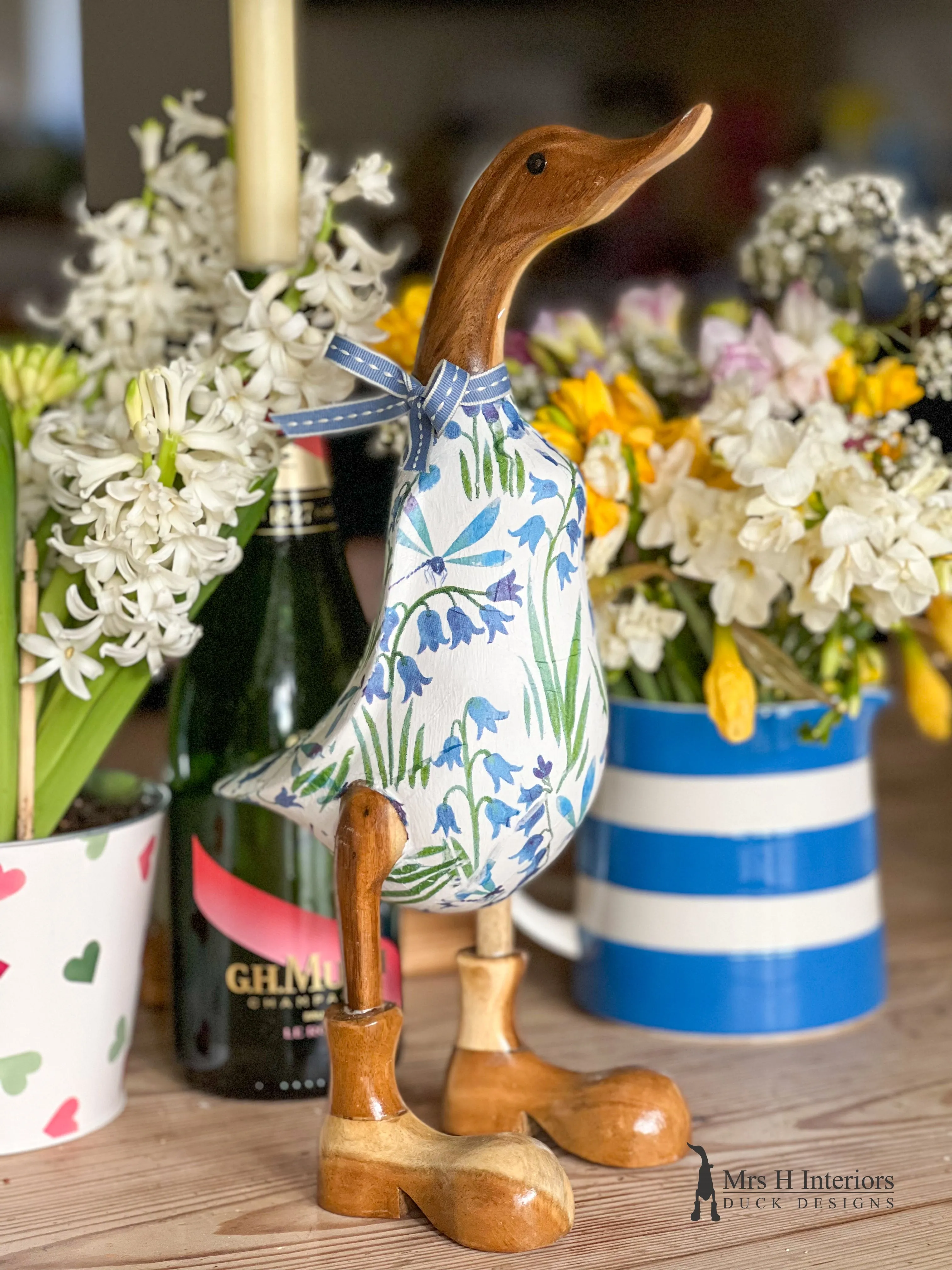 Belle The Bluebell Wooden Duck - Floral Decorated Wooden Duck in Boots by Mrs H the Duck Lady