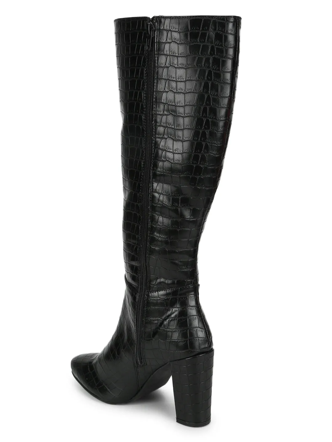 Black Croc Block Heel Knee High Boots