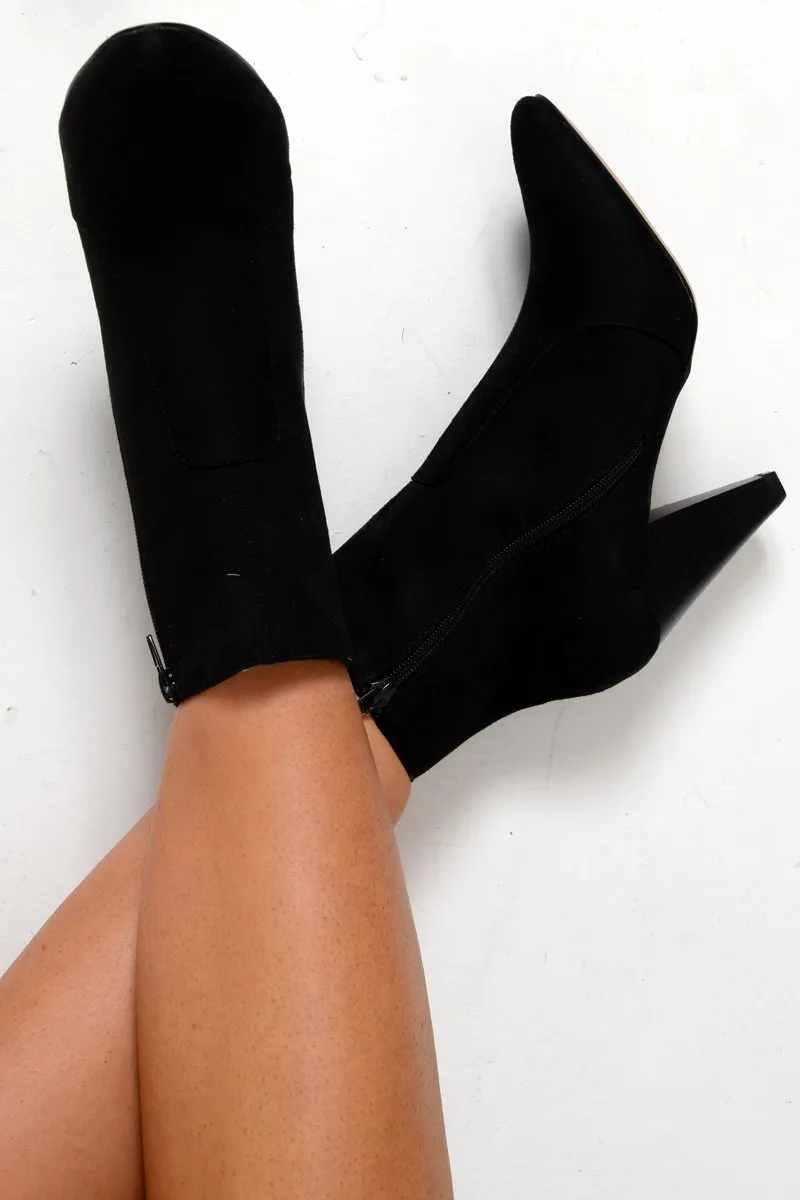 Black Faux Suede Cone Heel Boots - Gunnar