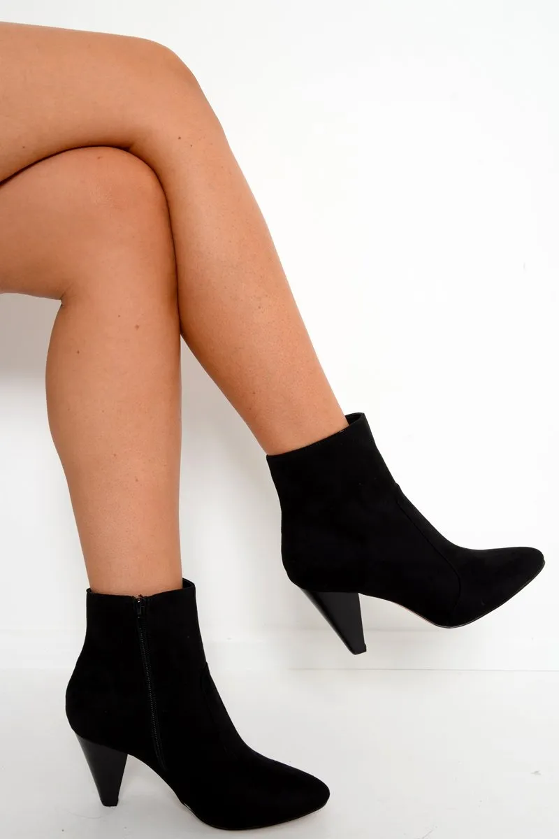 Black Faux Suede Cone Heel Boots - Gunnar