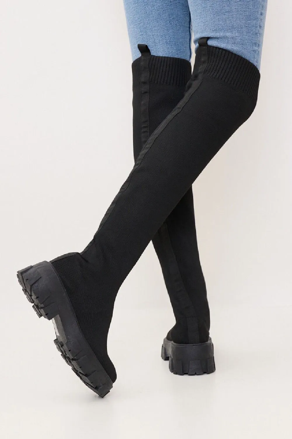 BLACK KNITTED OVER THE KNEE LONG SOCK BOOTS